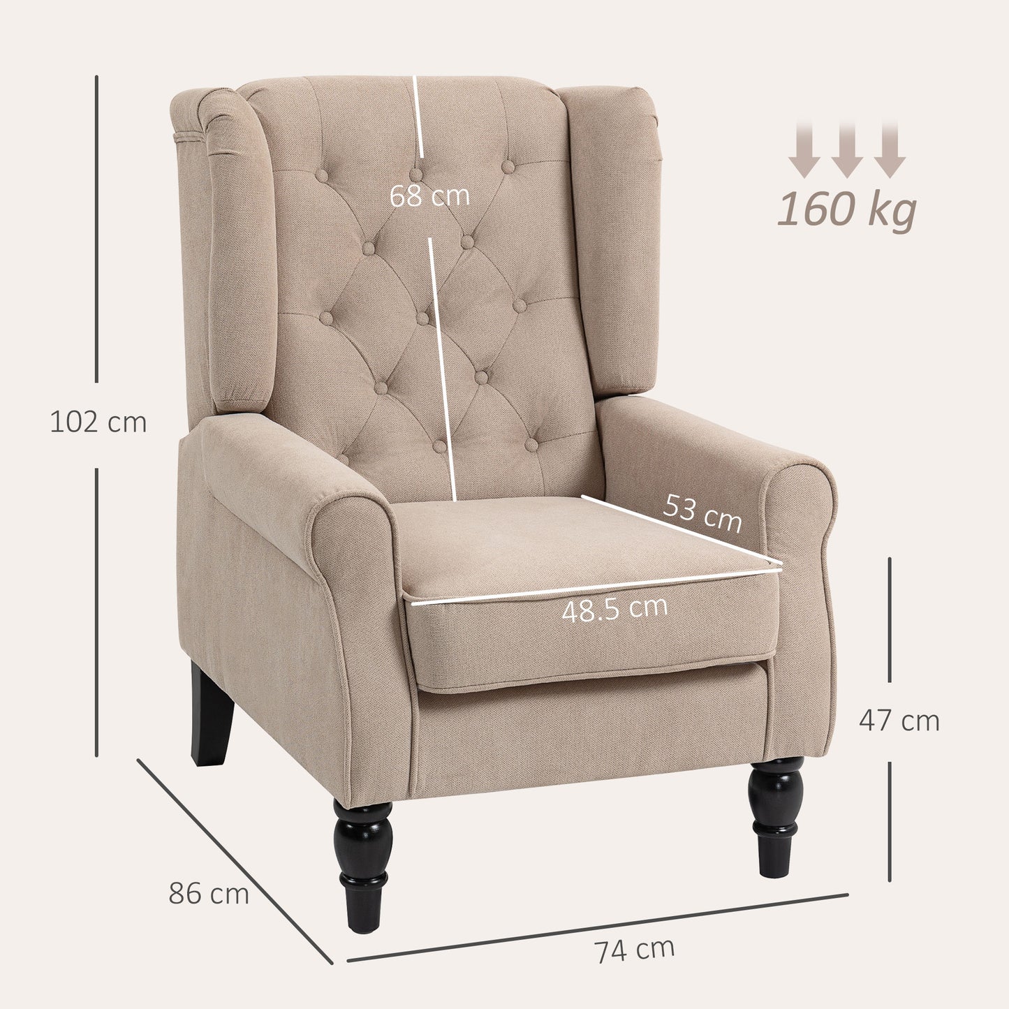 HOMCOM Wingback Accent Chair Tufted Upholstered Retro Style Beige For Living Room And Bedroom
