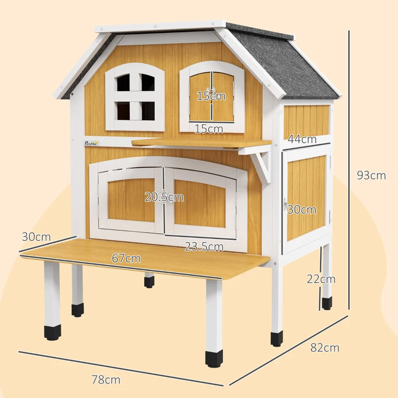 PawHut 2-Tier Outdoor Wooden Cat Shelter, Feral Cat House with Openable Asphalt Roof, Escape Doors, and Terrace for 1-2 Cats - ALL4U RETAILER LTD