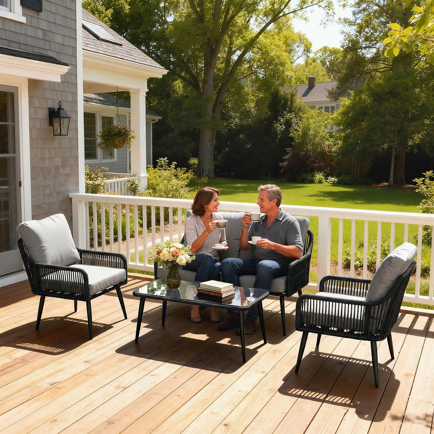 Outsunny Rattan Garden Furniture Set 4 Piece Outdoor Patio Set With Tempered Glass Table And Cushioned Chairs