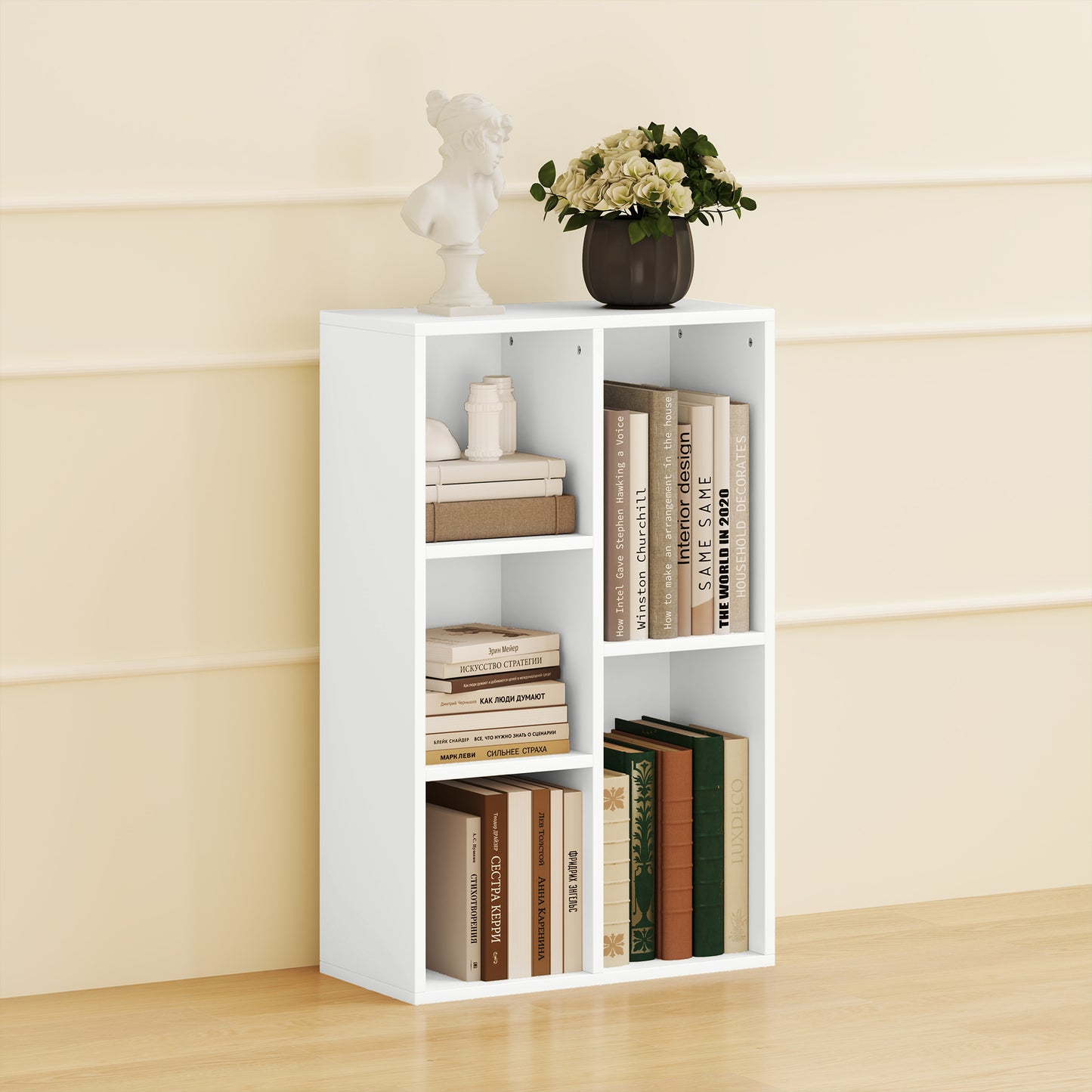 HOMCOM Two Tier Bookshelf With Five Compartments White Modern Open Storage Shelving Unit For Living Room
