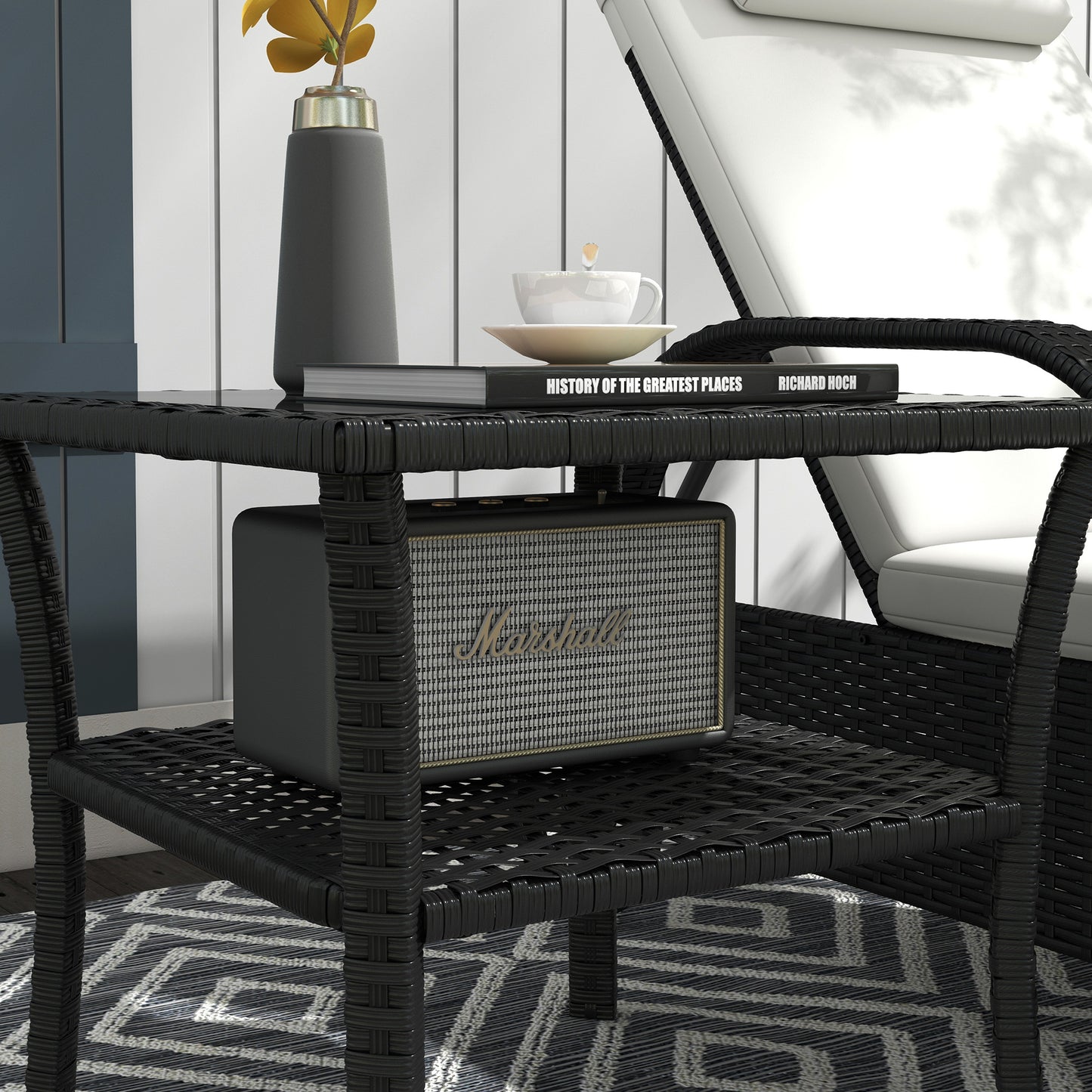 Outsunny Two Tier PE Rattan Square Coffee Table With Glass Top For Outdoor Garden Black