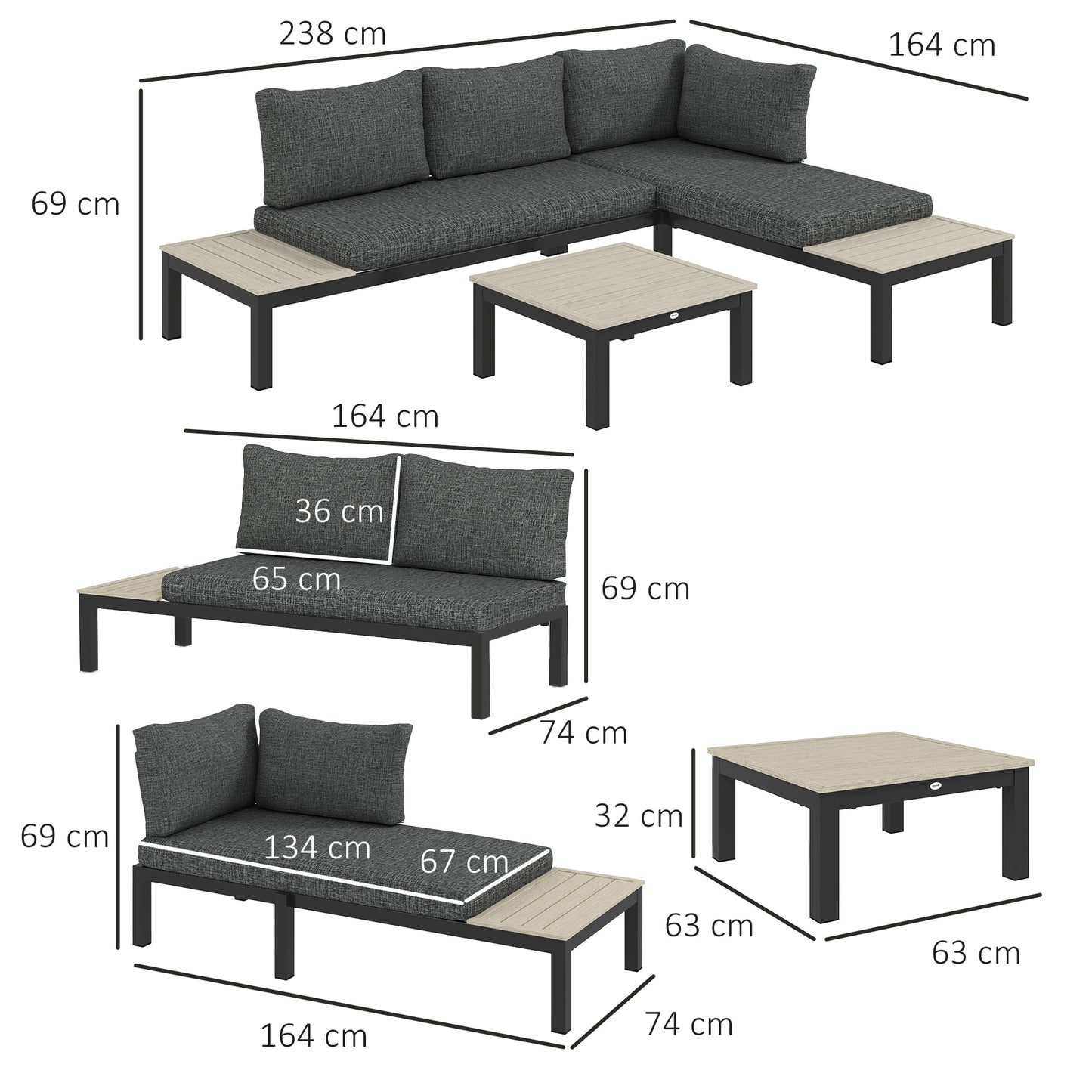 Outsunny 3 Piece Aluminium Outdoor Garden Furniture Set 4 Seater Corner Sofa With 2 Loveseats And Coffee Table