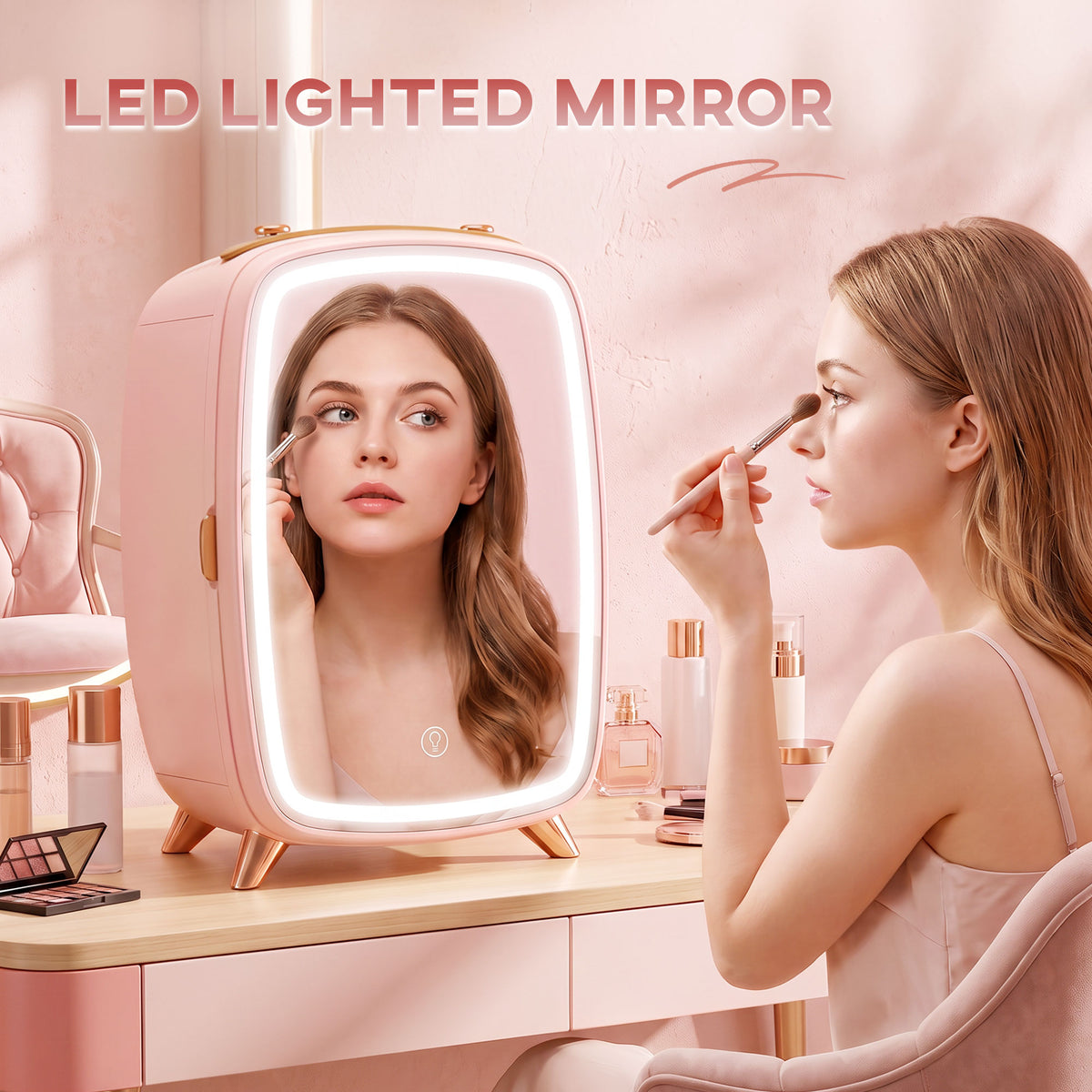 Pink mini cosmetic fridge with LED-lit touch mirror for skincare and makeup