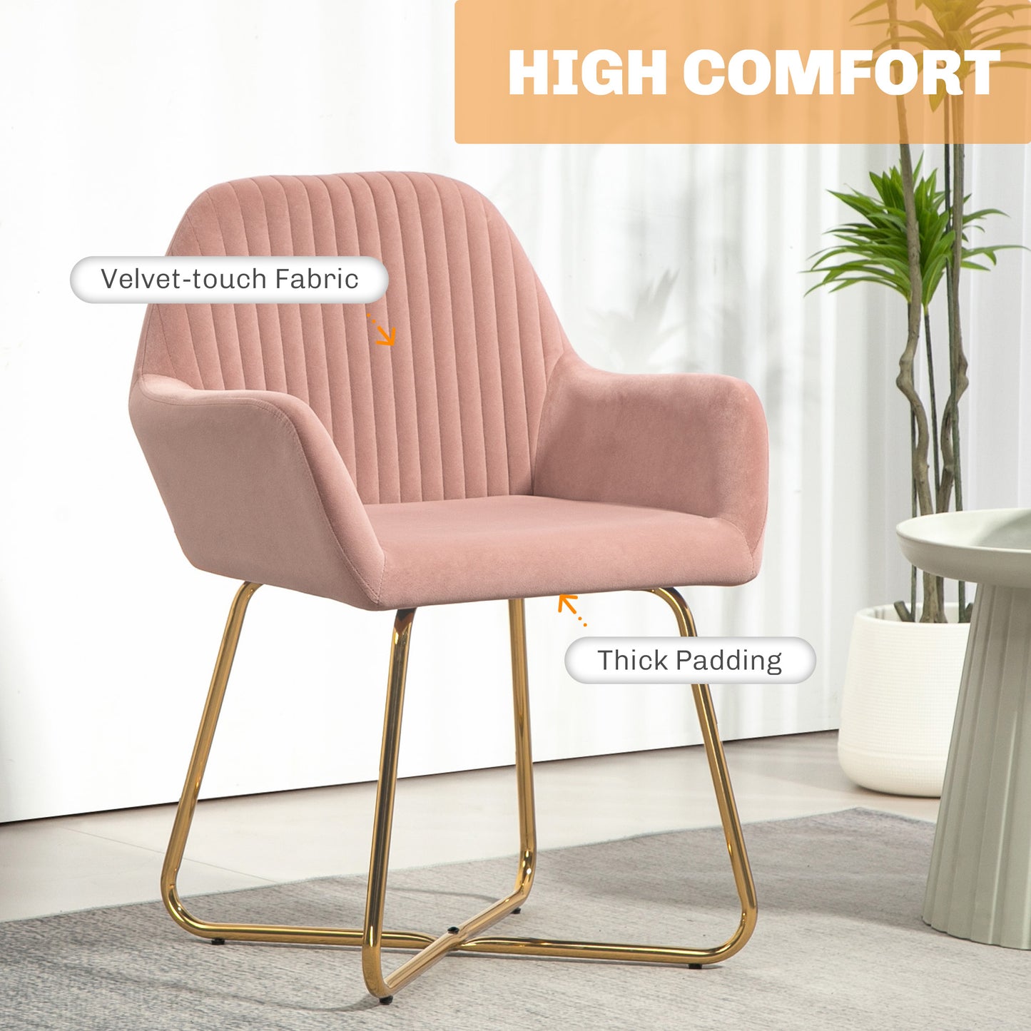 HOMCOM Modern Arm Chair Set Of 2 Upholstered Accent Chair With Metal Base In Pink For Living Room
