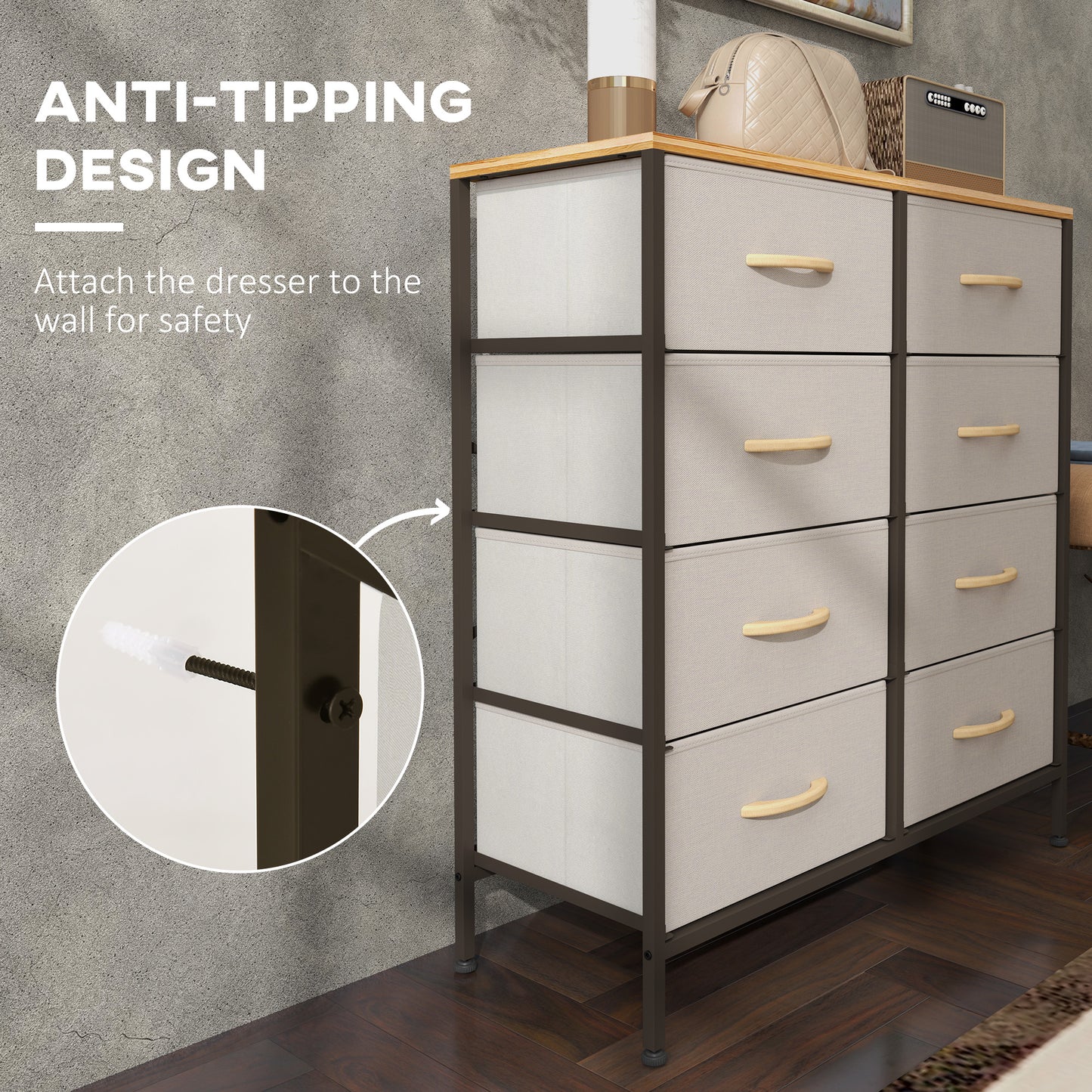 HOMCOM Fabric Chest Of Drawers With 8 Fabric Drawers Steel Frame And Wooden Top Cream White For Nursery