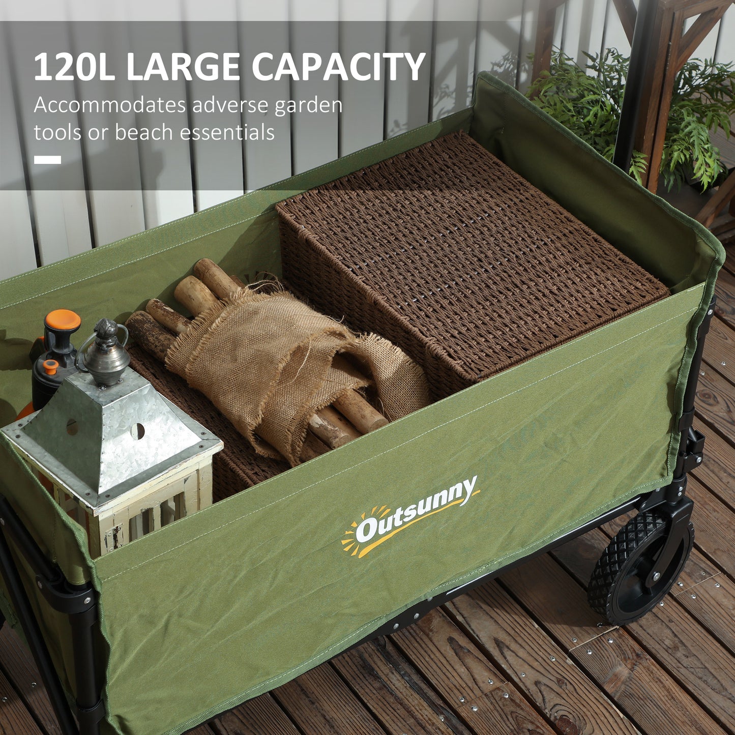 Outsunny 120L Festival Folding Trolley On Wheels With Adjustable Handle For Garden Beach Camping And Fishing Green