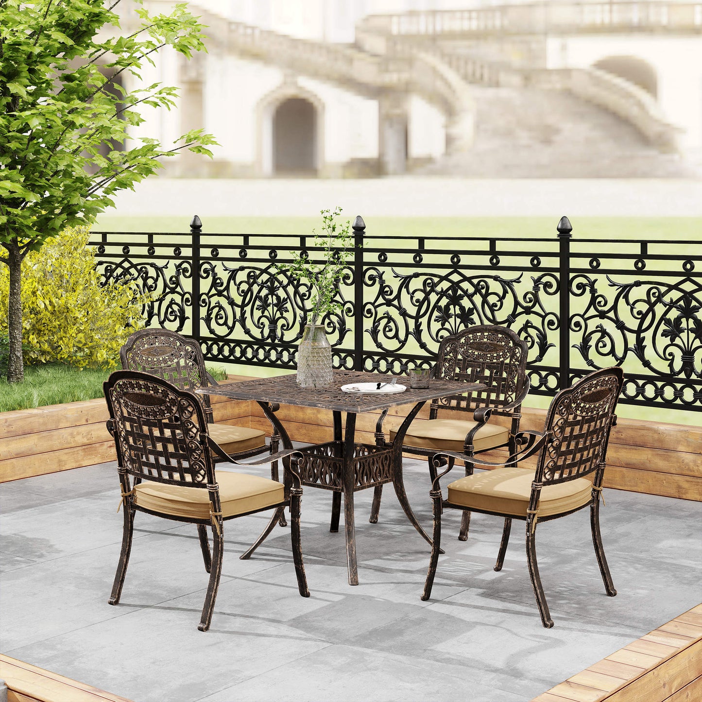 Outsunny Five Piece Cast Aluminium Garden Dining Set Bronze Tone With Square Table And Floral Grid Cutouts