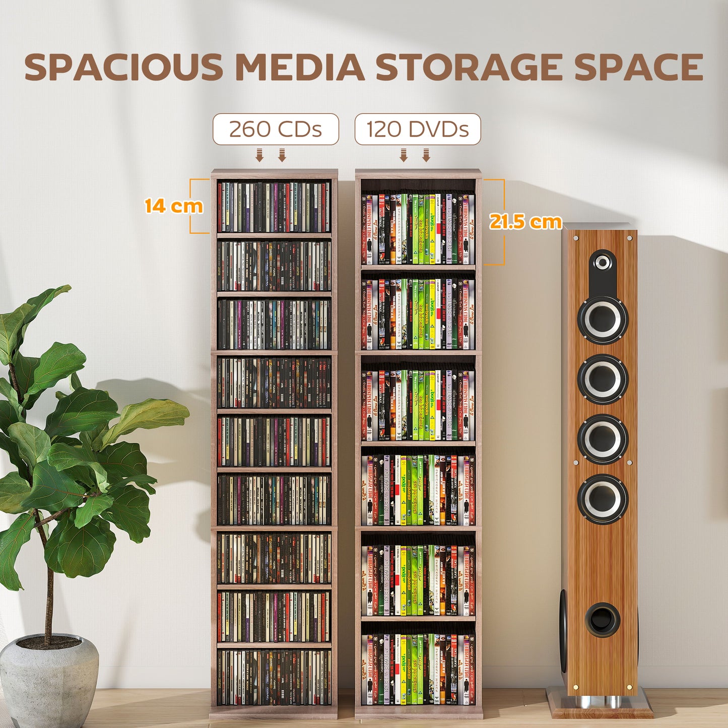 HOMCOM 260 CD Storage Unit Narrow With Six Adjustable Shelves Natural Wood Finish For Home Media Organization