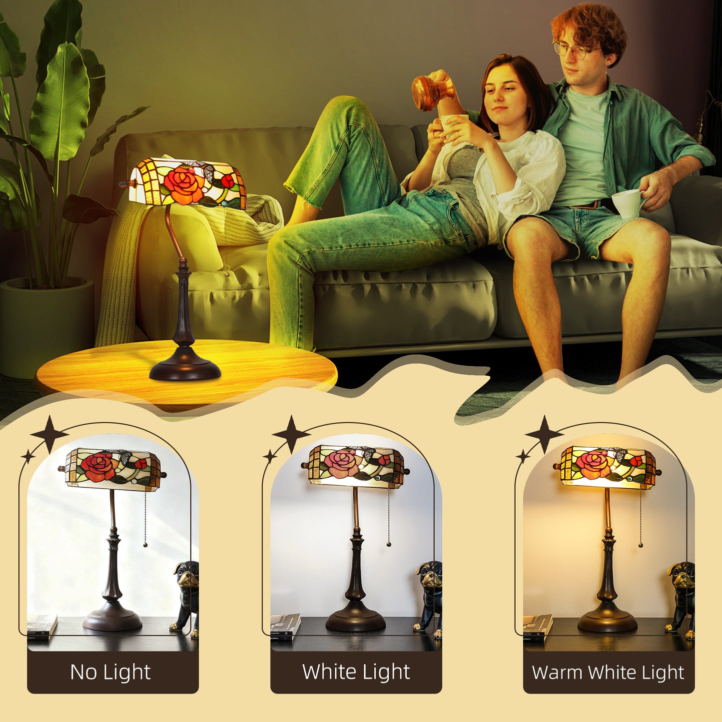 HOMCOM Tiffany Style Rose and Butterfly Table Lamp Multicolored Handmade Glass Shade