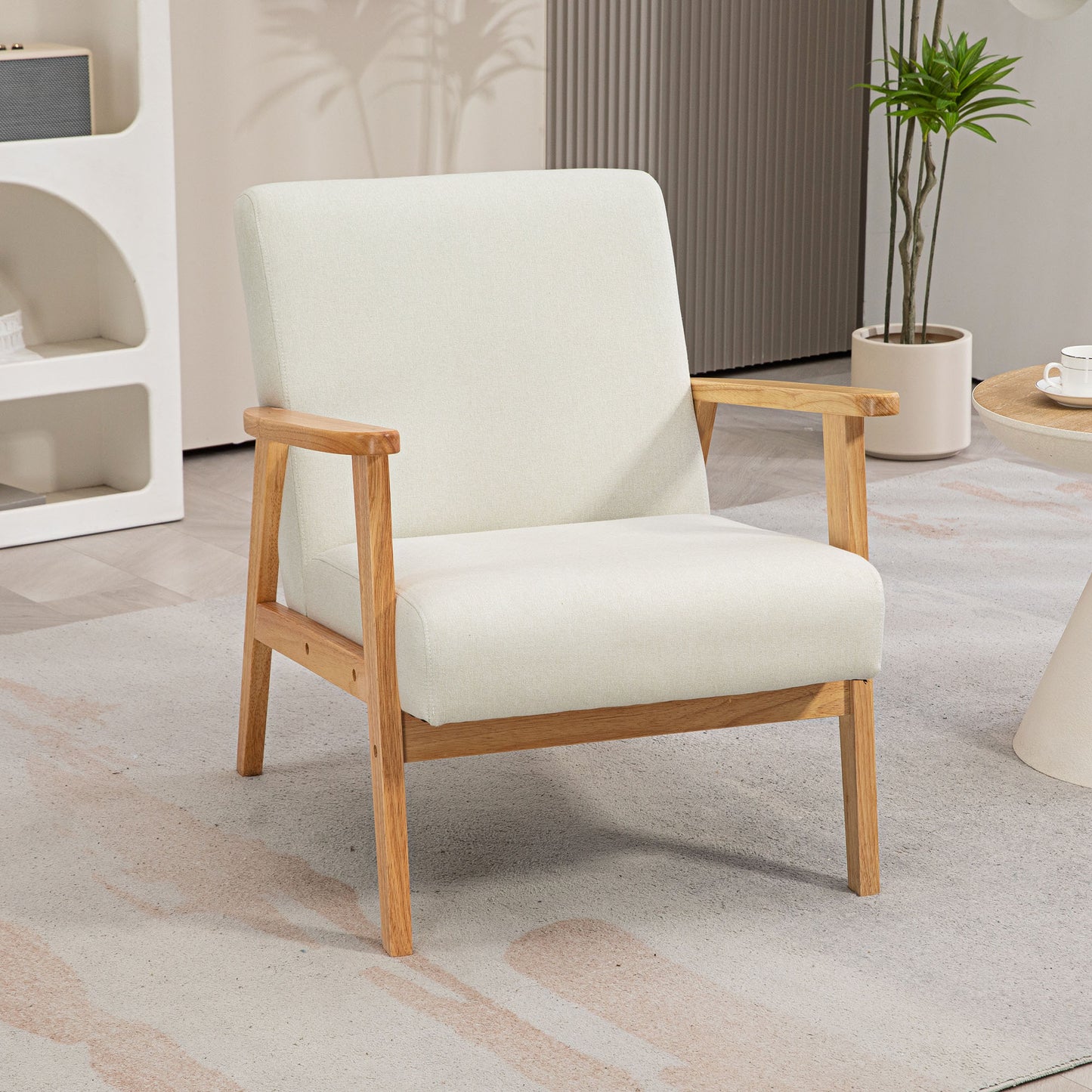 HOMCOM Retro Cream White Fabric Accent Chair with Rubber Wood Frame and Padded Cushion - ALL4U RETAILER LTD