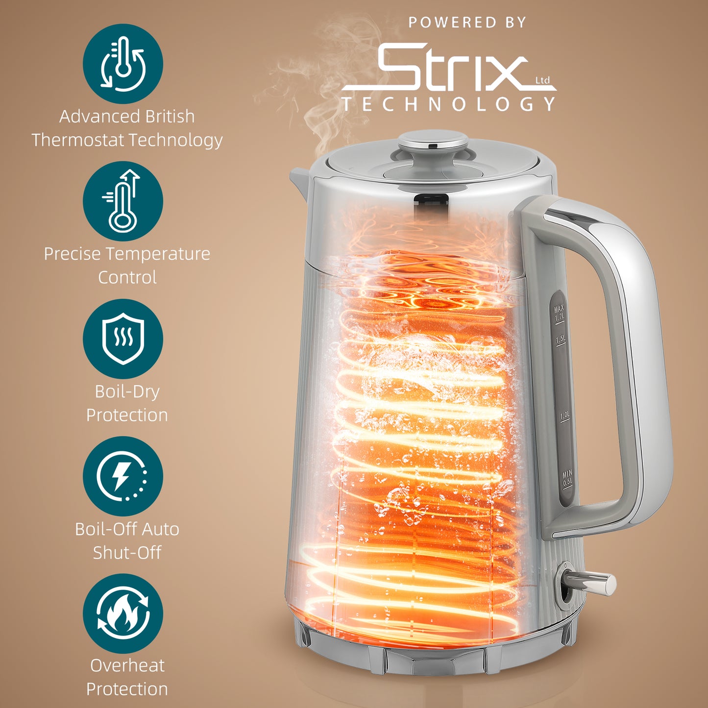 HOMCOM Kettle And Toaster Set 3000W 1.7L With UK Strix Thermostat 4 Slice Toaster 7 Browning Levels Taupe