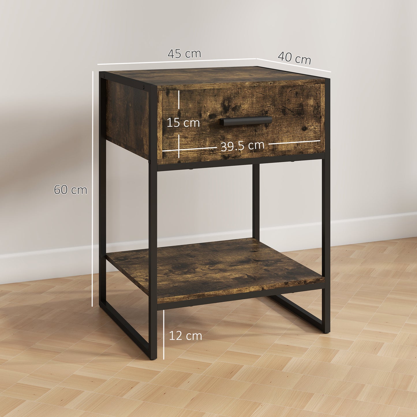 HOMCOM Modern Bedside Table With Drawer And Shelf In Rustic Brown And Black Frame