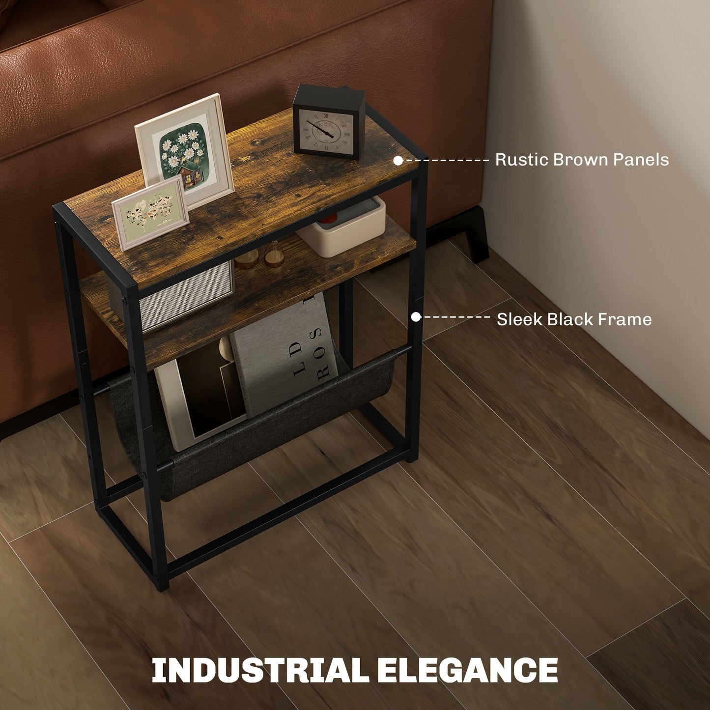 HOMCOM Narrow Side Table End Table With 3 Tier Storage And V Shaped Magazine Holder For Living Room Or Bedroom