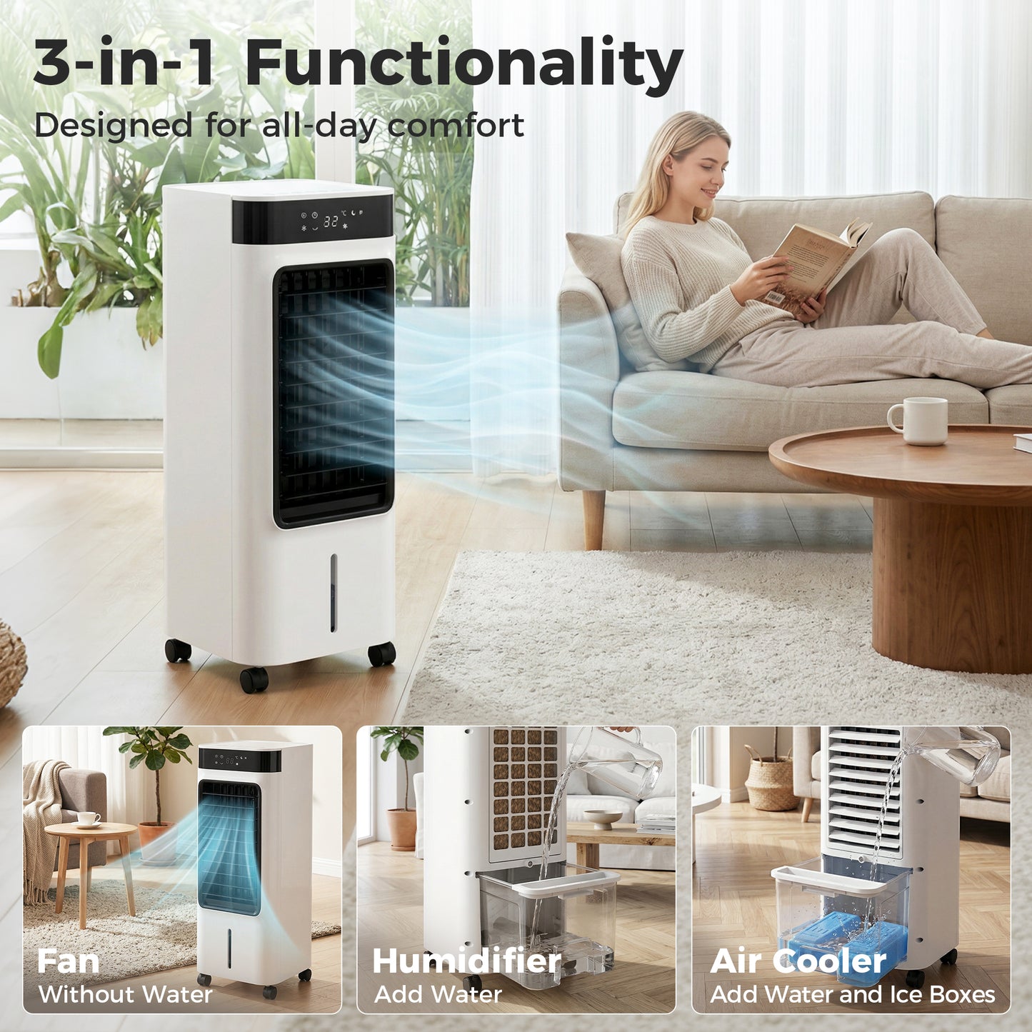 HOMCOM Portable 3In1 Air Cooler Evaporative Humidifier 7L Water Tank 48 Degree Oscillation White