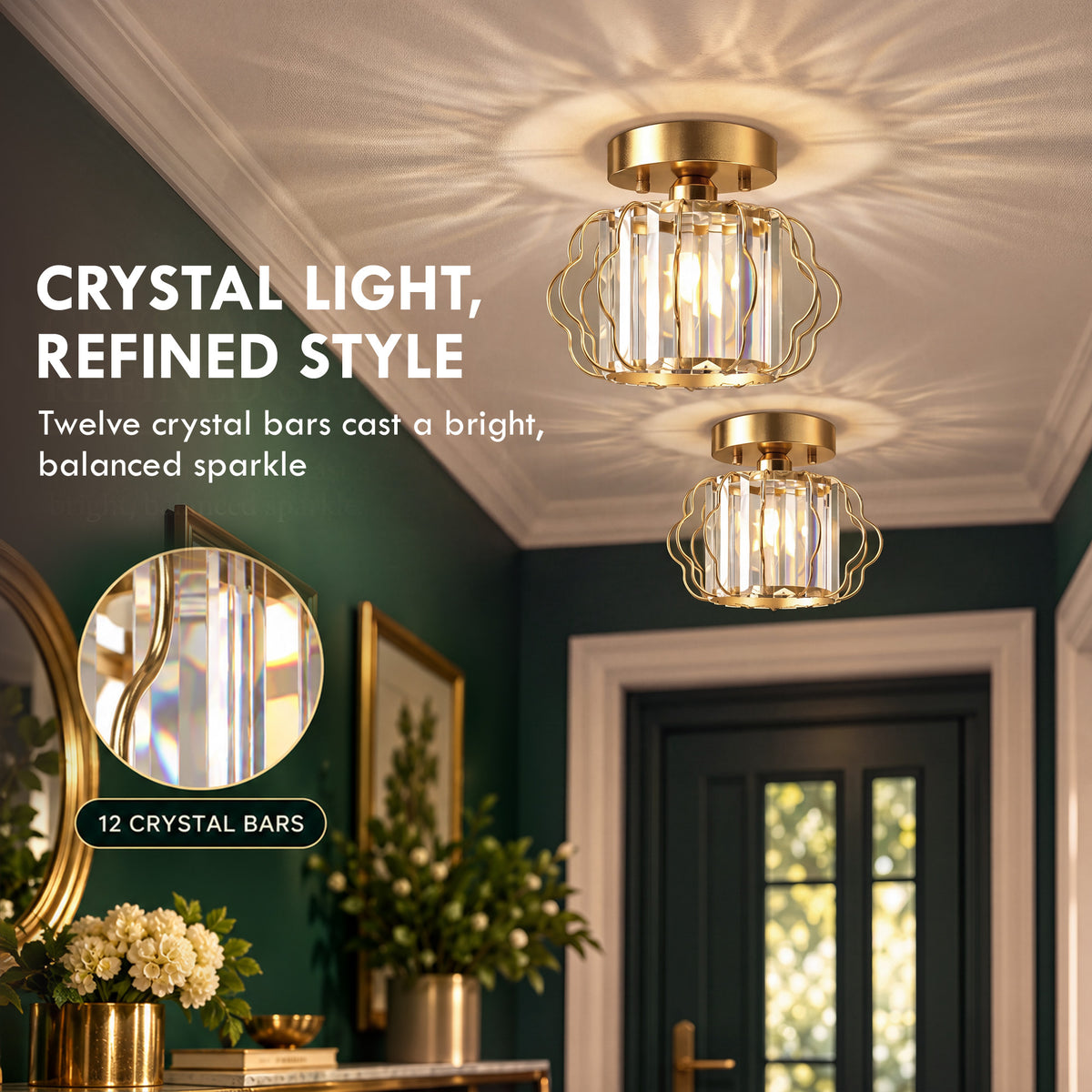 Gold semi-flush ceiling light with twelve clear crystal bars for bright refined light