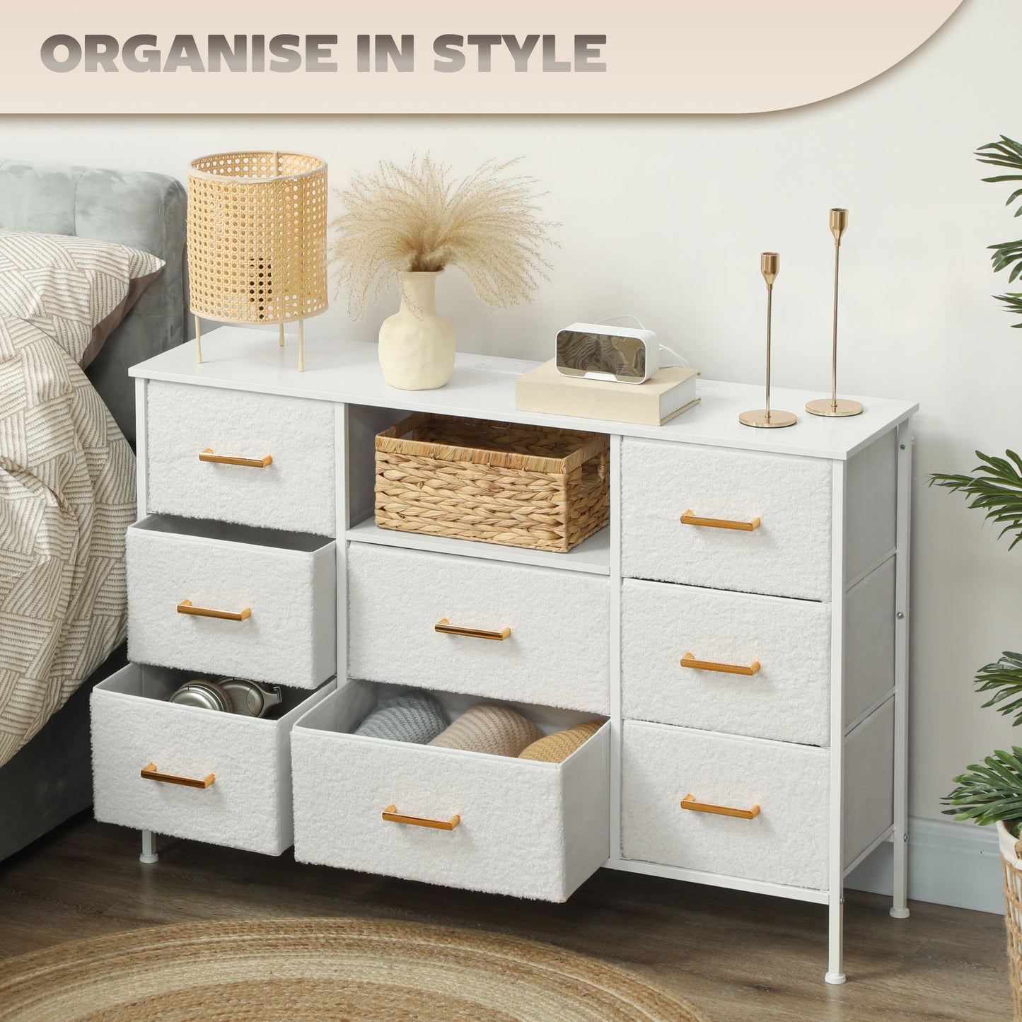 HOMCOM Boucle Chest Of Drawers With 8 Fabric Drawers And Charging Station 2 USB 2 AC Ports Steel Frame Cream White