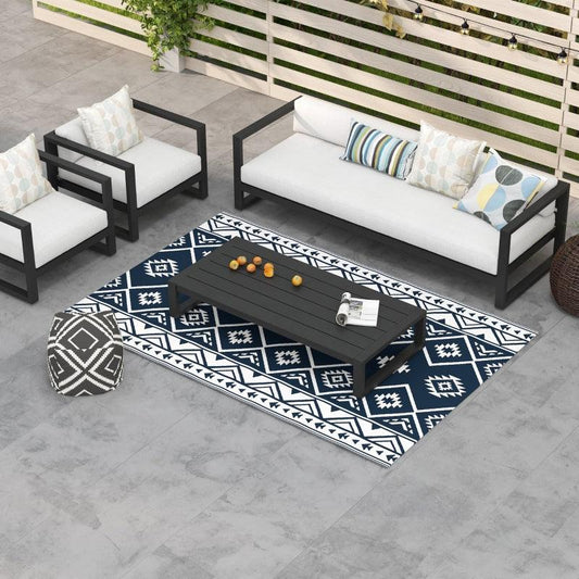 Outsunny Reversible RV Outdoor Rug with Carry Bag - 182 x 274cm - Dark Blue and White Plastic Straw Rug - ALL4U RETAILER LTD