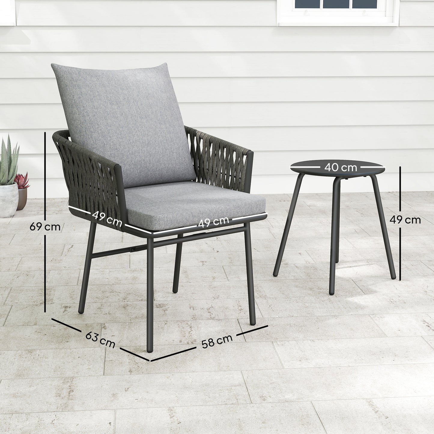 Outsunny 3 Piece Rattan Bistro Set With Table And Chairs And 4 Cushions For Balcony Porch Terrace Garden Grey