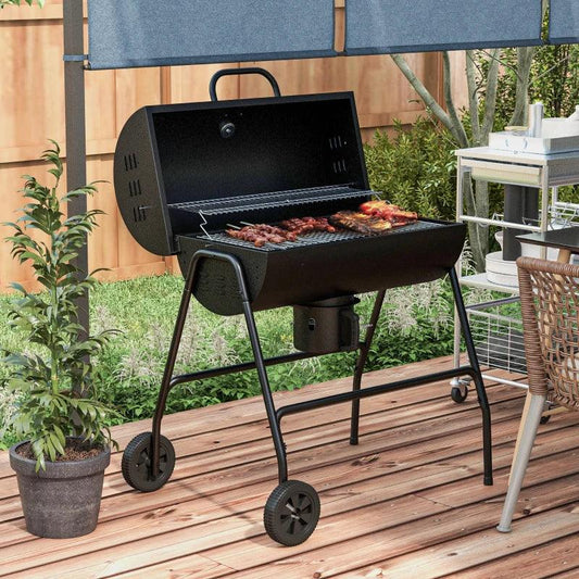 Outsunny Wheeled Barrel Charcoal Barbecue Grill Trolley - Outdoor BBQ with Rolling Wheels, Portable Design - Black - ALL4U RETAILER LTD
