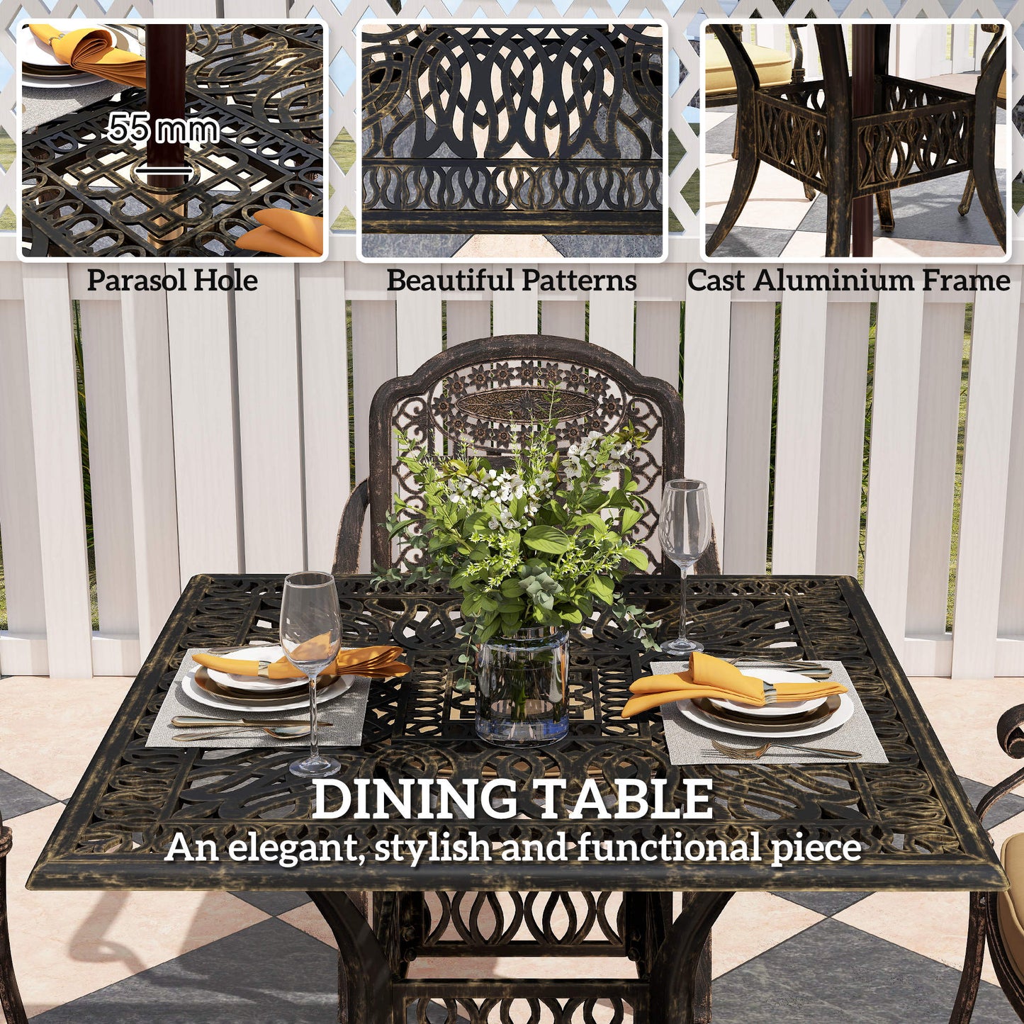 Outsunny Five Piece Cast Aluminium Garden Dining Set Bronze Tone With Square Table And Floral Grid Cutouts