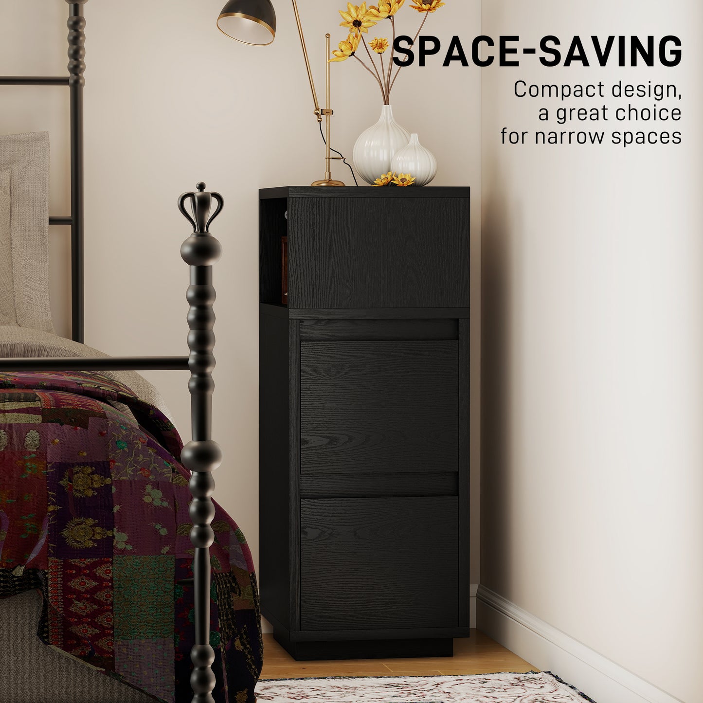 HOMCOM Slim Bedside Table Narrow Bedside Cabinet With Open Shelf And Two Drawers For Bedroom And Living Room Black