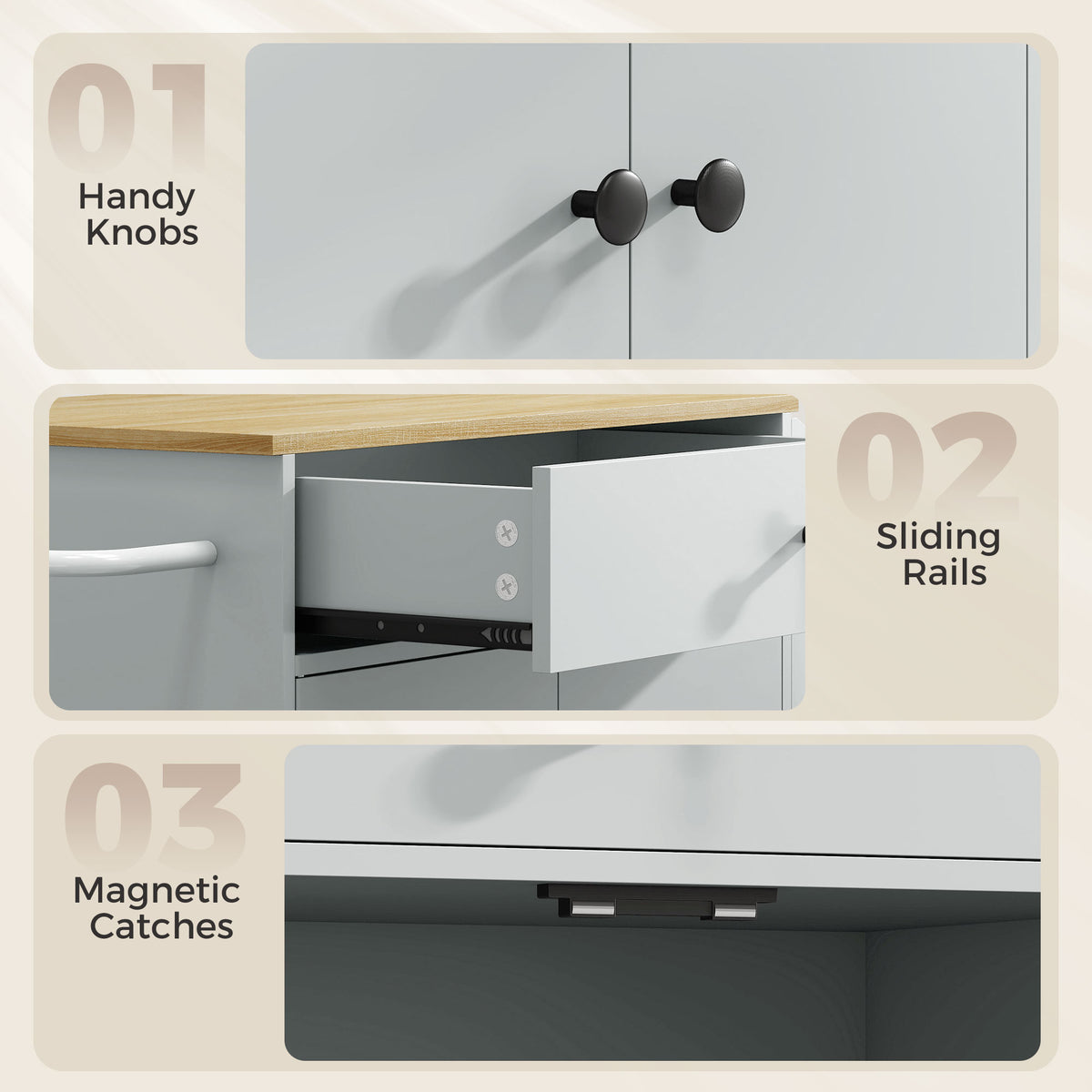 Light gray rolling kitchen island cart with black knobs, sliding rails, and drawer opening