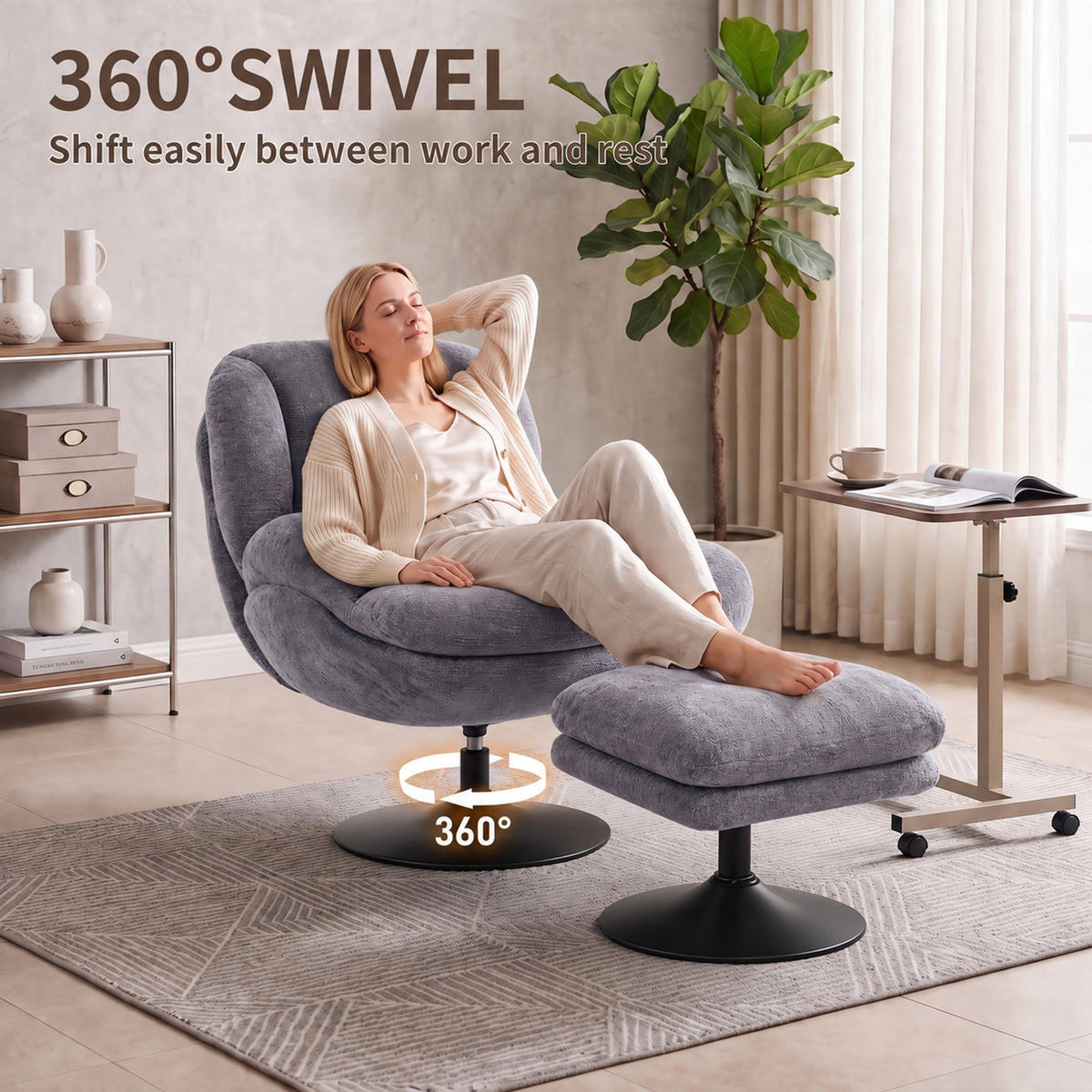 HOMCOM 360 Degree Chenille Swivel Accent Chair With Ottoman for Living Room Dark Grey
