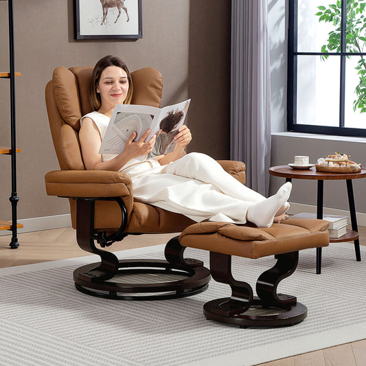 HOMCOM Faux Leather Reclining Armchair And Footstool In Brown With Wide Seat And Thick Padding For Maximum Comfort