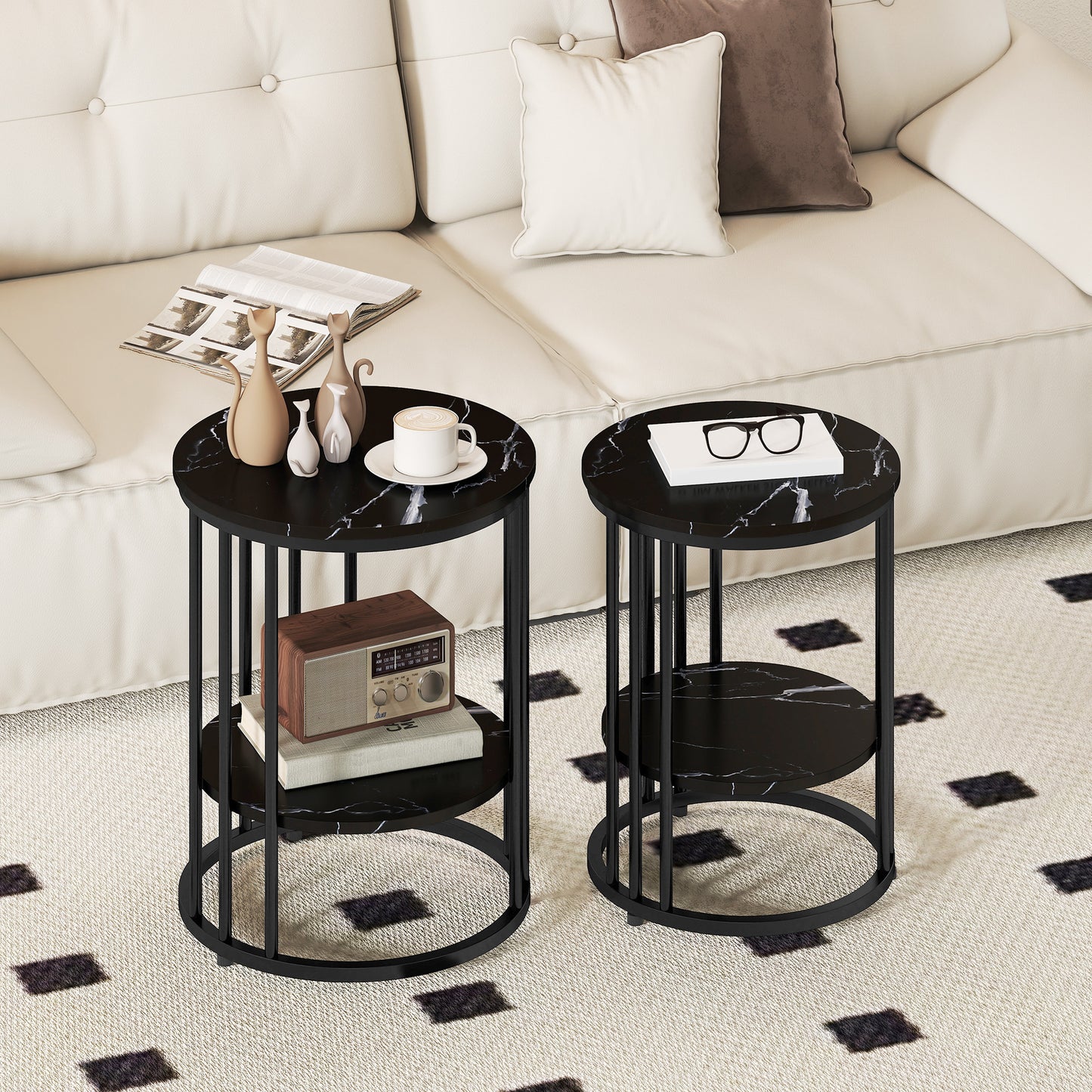 HOMCOM Marble Effect Coffee Tables Set of Two with Black Steel Frame and Two Tier Design