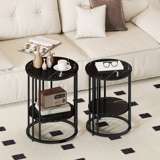 HOMCOM Marble Effect Coffee Tables Set of Two with Black Steel Frame and Two Tier Design