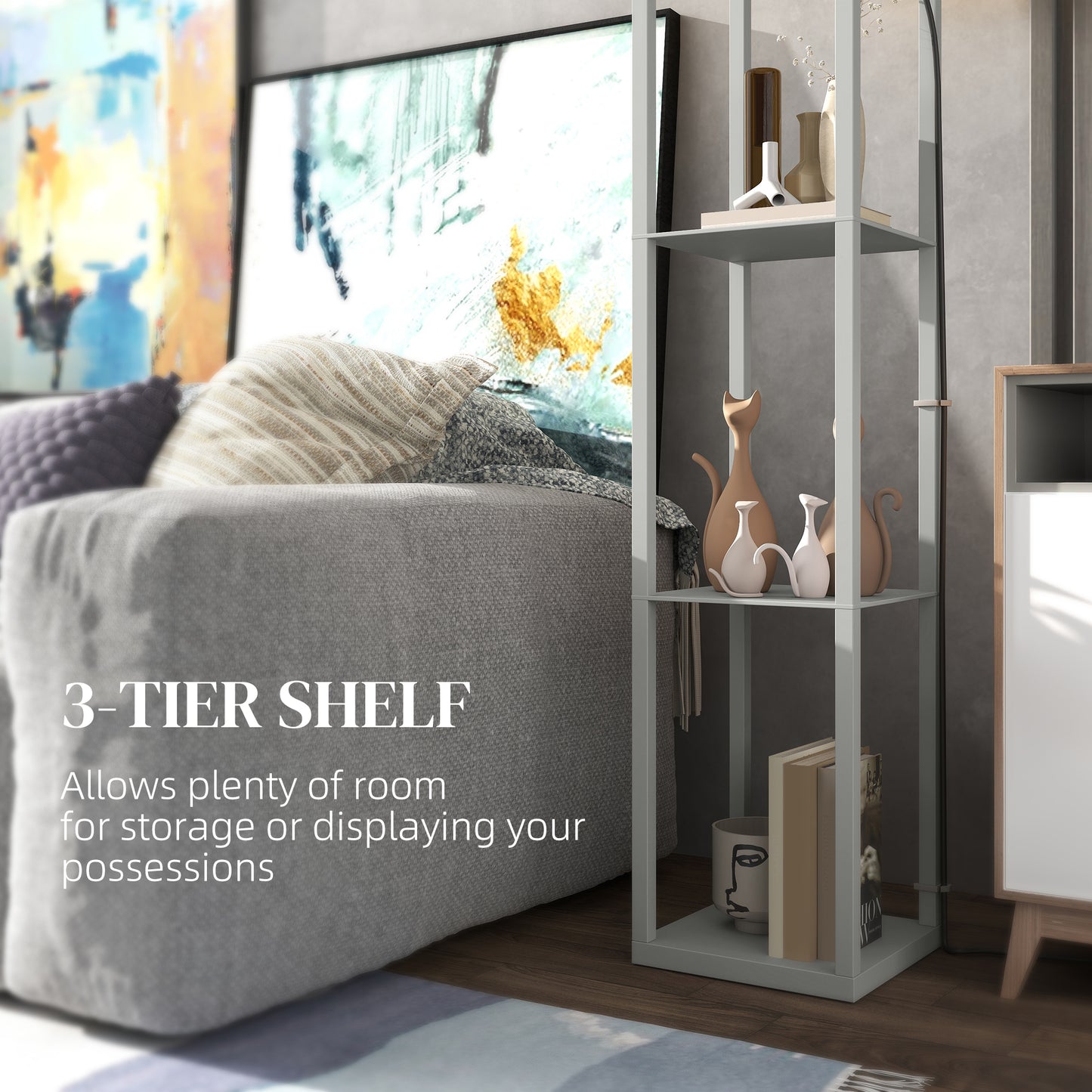 HOMCOM Three Shelf Standing Lamp Grey And White Finish With Integrated Shelves For Storage