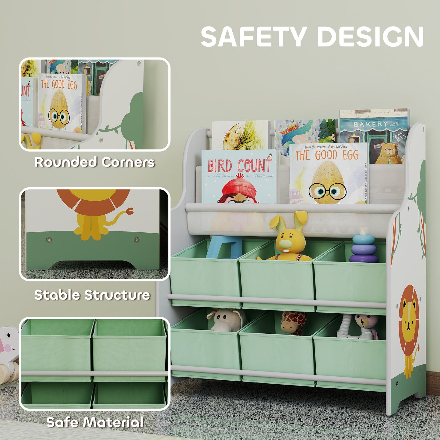 AIYAPLAY Kids Toy Storage Unit With 6 Fabric Drawers And 2 Tier Sling Book Rack For Bedroom Playroom Nursery Green