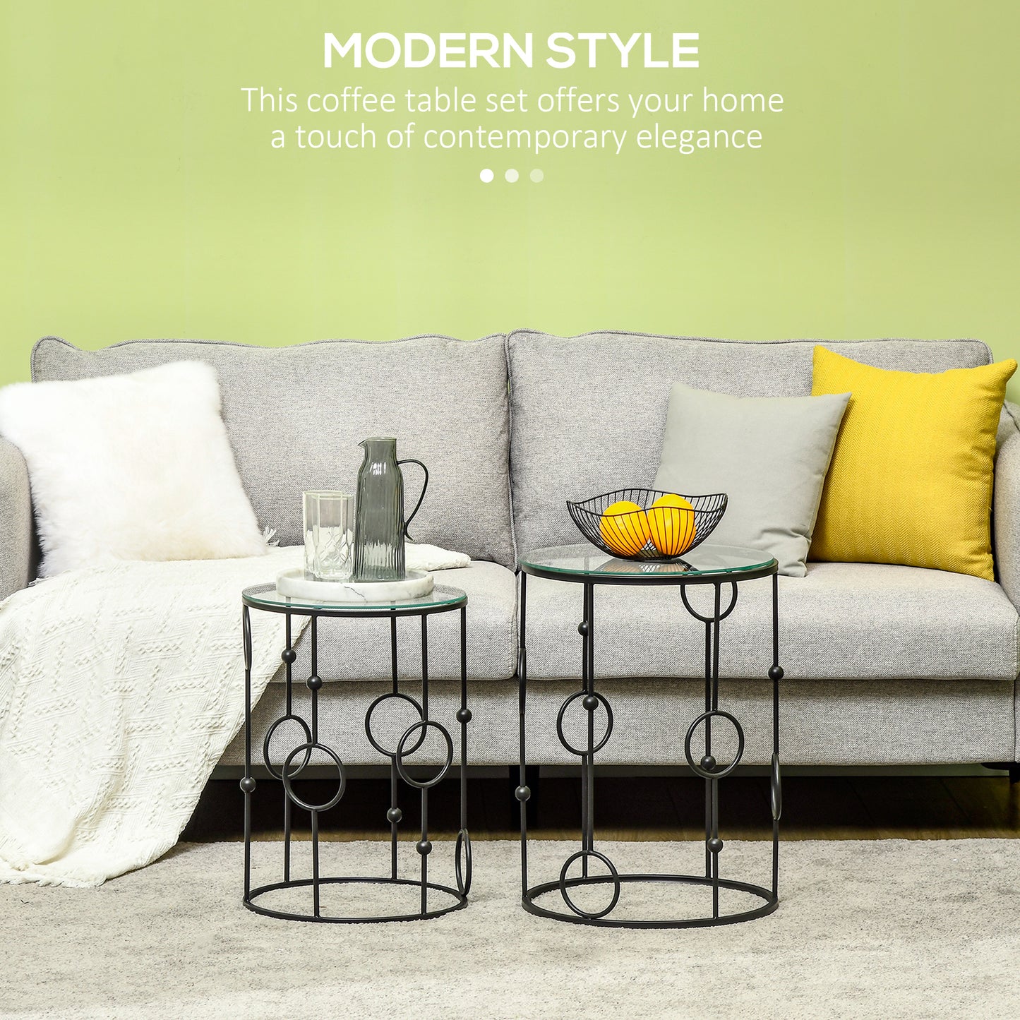 HOMCOM Nesting Round Coffee Tables Set Of 2 Black With Metal Hoop Frame And Tempered Glass Tops