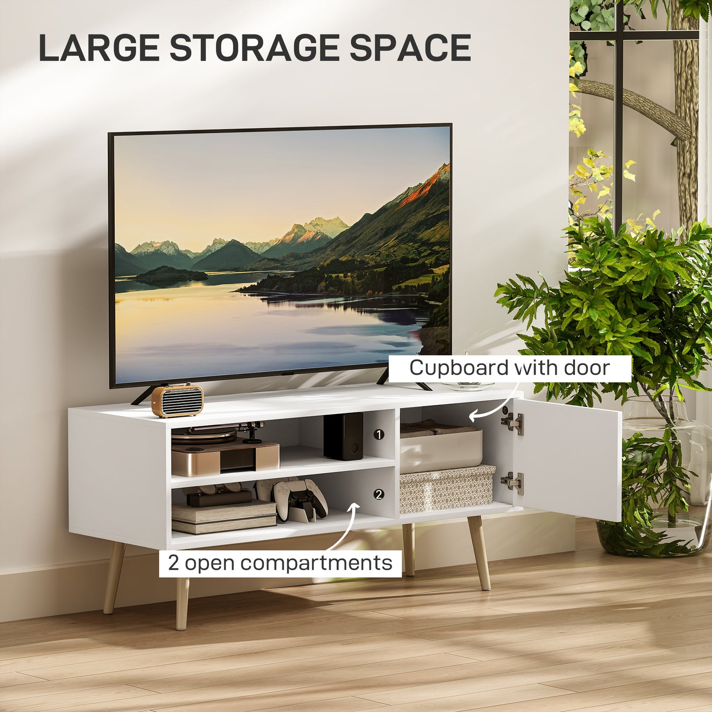 HOMCOM TV Stand Up To 55 Inches White Media Console With Open Shelves And Cable Holes