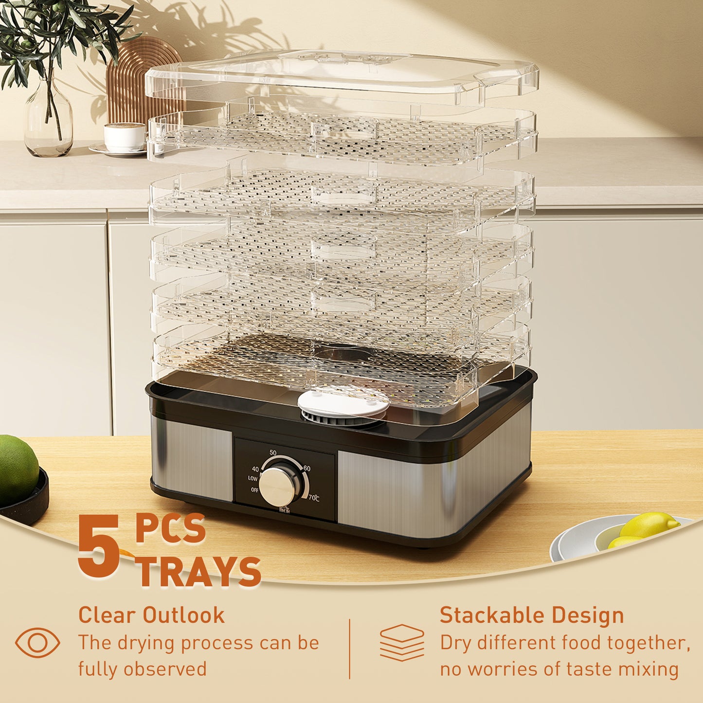 HOMCOM 5 Tier Food Dehydrator 245W Dryer With Adjustable Temperature 40 To 70 C For Fruit Meat Veg Jerky Black