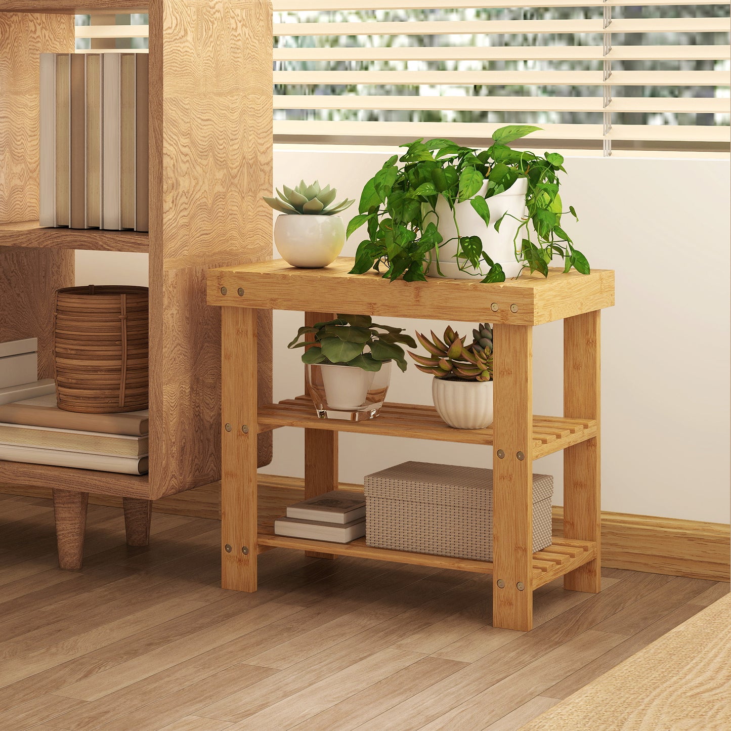 HOMCOM Two Shelf Bamboo Shoe Storage Bench in Natural Finish Holds Four Pairs of Shoes
