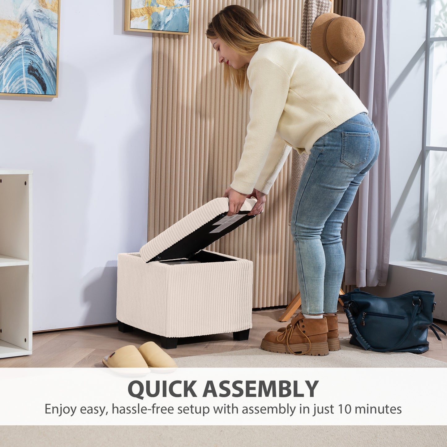 HOMCOM Corduroy Storage Ottoman Bench With Wooden Legs 30L Chest Box 40cm Bed End Bench For Living Room Entryway Beige