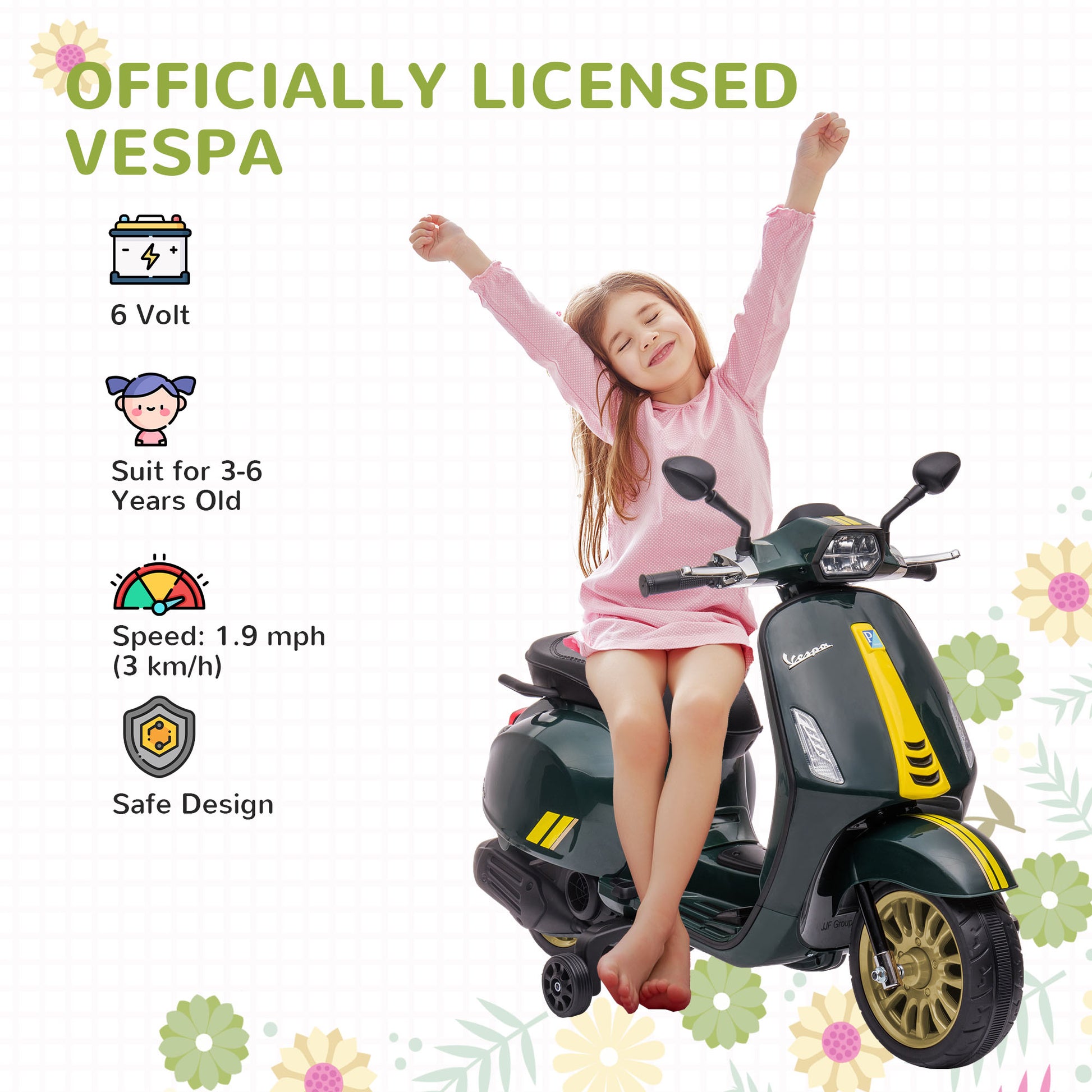 AIYAPLAY Vespa-Inspired 12V Electric Kids Motorbike with Music and Lights - Green - ALL4U RETAILER LTD