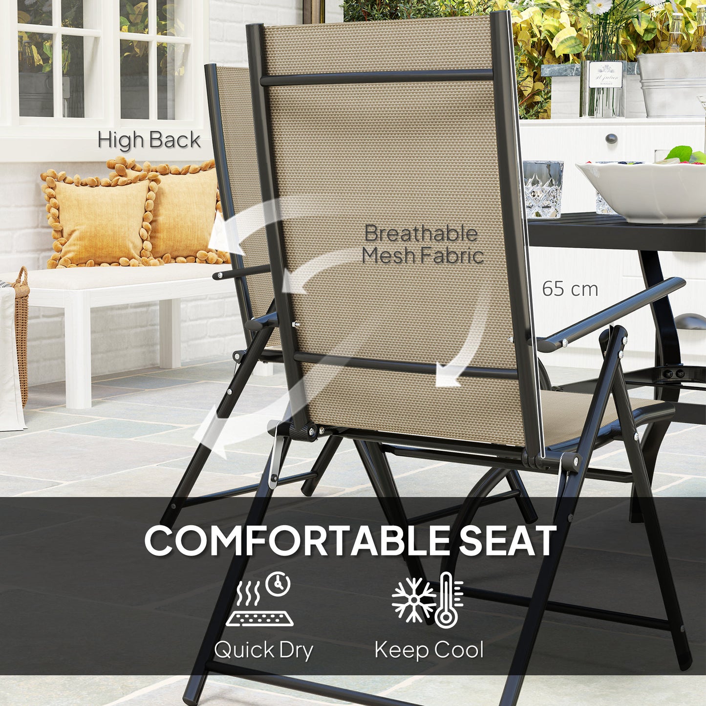 Outsunny Five Piece Steel Frame Outdoor Patio Set With Square Table And Folding Chairs Khaki And Black