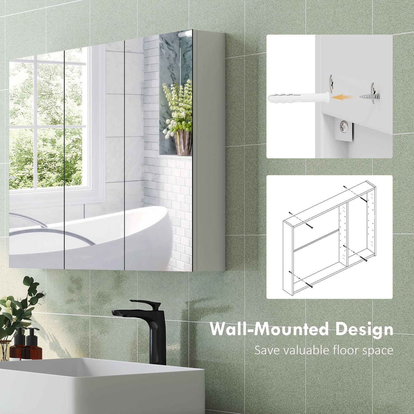 HOMCOM White Three Mirror Doors Bathroom Wall Cabinet With Six Inner Shelves And Four Adjustable Shelves