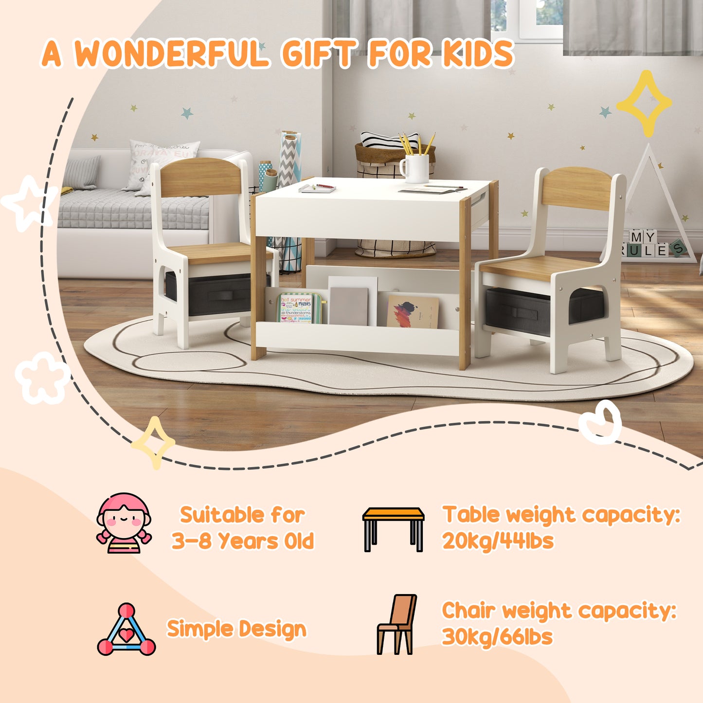 HOMCOM Three Piece Kids Table And Chair Set With Blackboard, Storage, And Bookshelves In Natural Wood