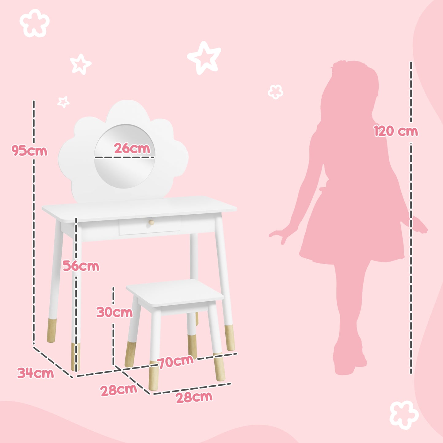 AIYAPLAY Kids Dressing Table Set With Mirror And Stool Drawer Cloud Design White