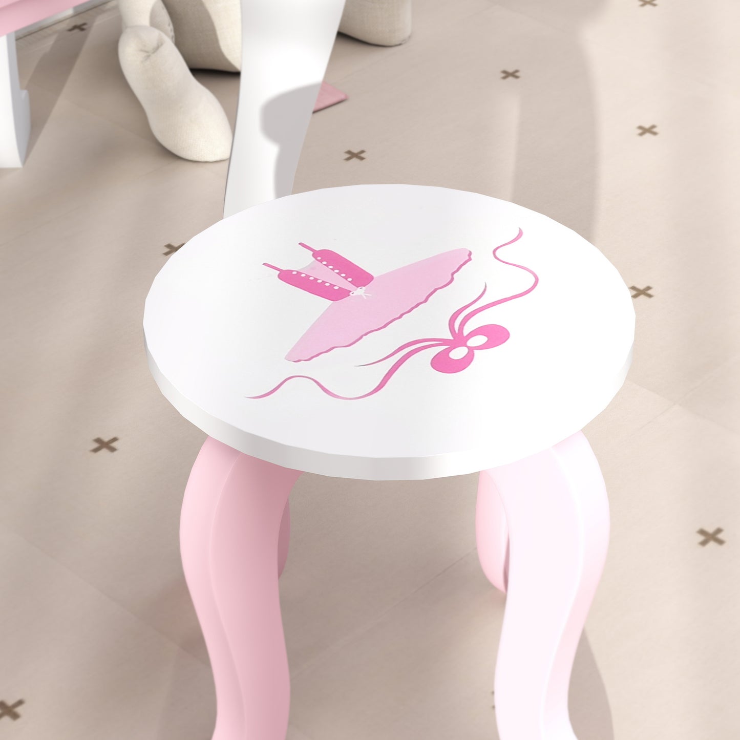 AIYAPLAY Kids Dressing Table Set, Vanity Table With Stool, Mirror, Drawer, Storage, Ballet Theme Pink