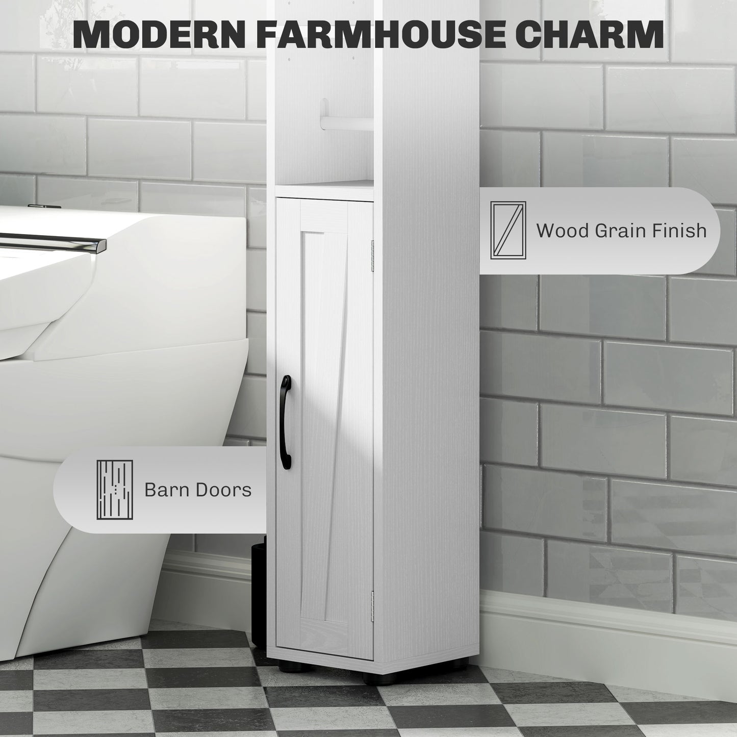HOMCOM Farmhouse Tall Cabinet With Barn Doors And Toilet Paper Holder Drawer And Adjustable Shelves Narrow White