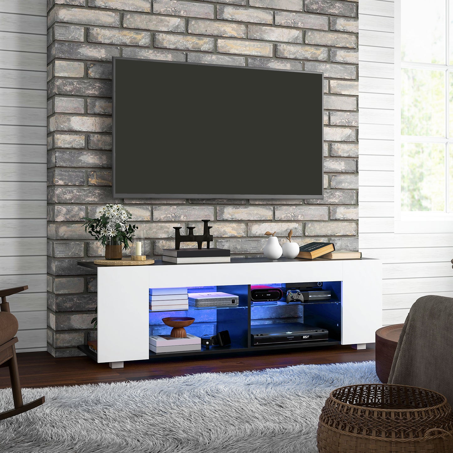 HOMCOM Modern White TV Stand with RGB LED Lights and Glass Shelves for 32-60 inch TVs - ALL4U RETAILER LTD