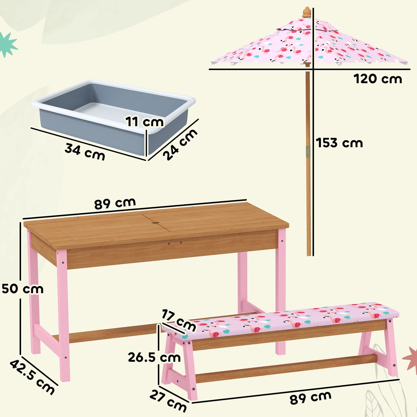 AIYAPLAY Kids Picnic Table Set With Removable Foldable Umbrella Cushions Storage Boxes Flamingo Theme Pink