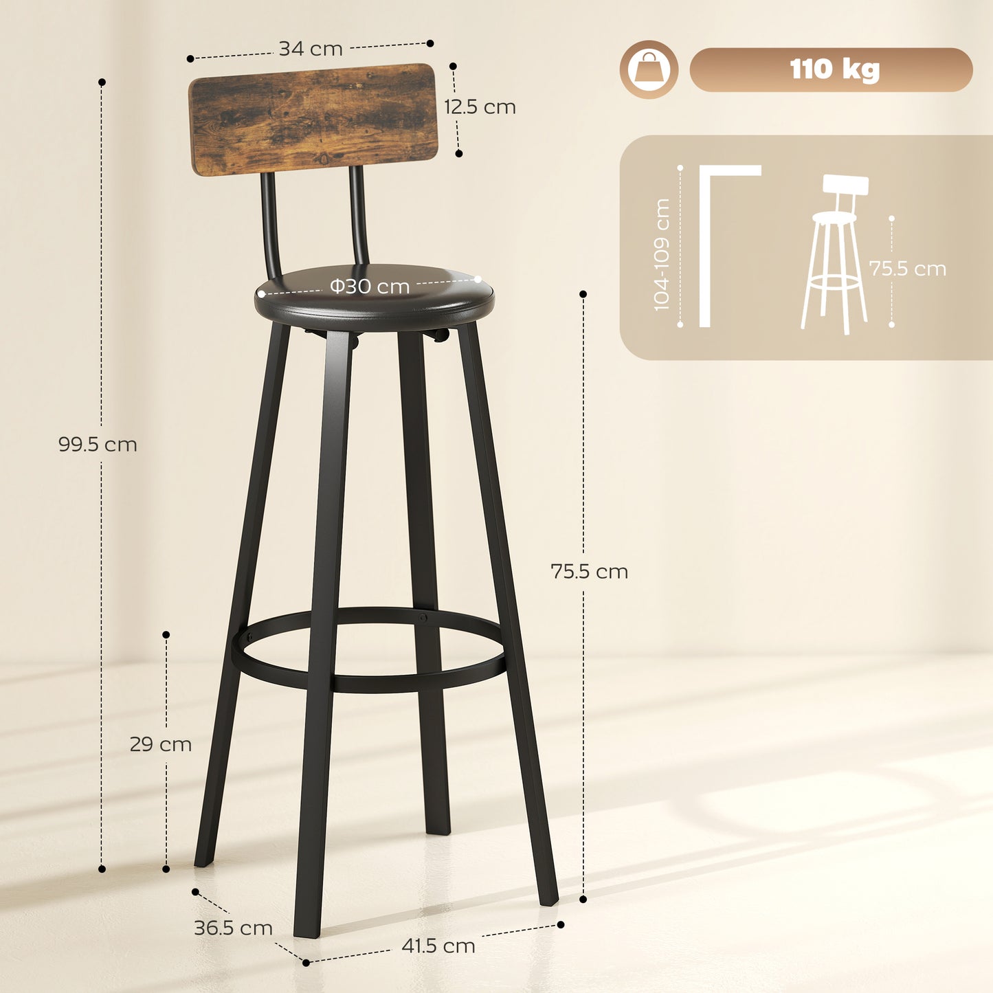 HOMCOM Set Of Two Industrial Style Bar Stools Black Metal Frames Dark Wood Back Panels For 104 To 109 Cm Countertops
