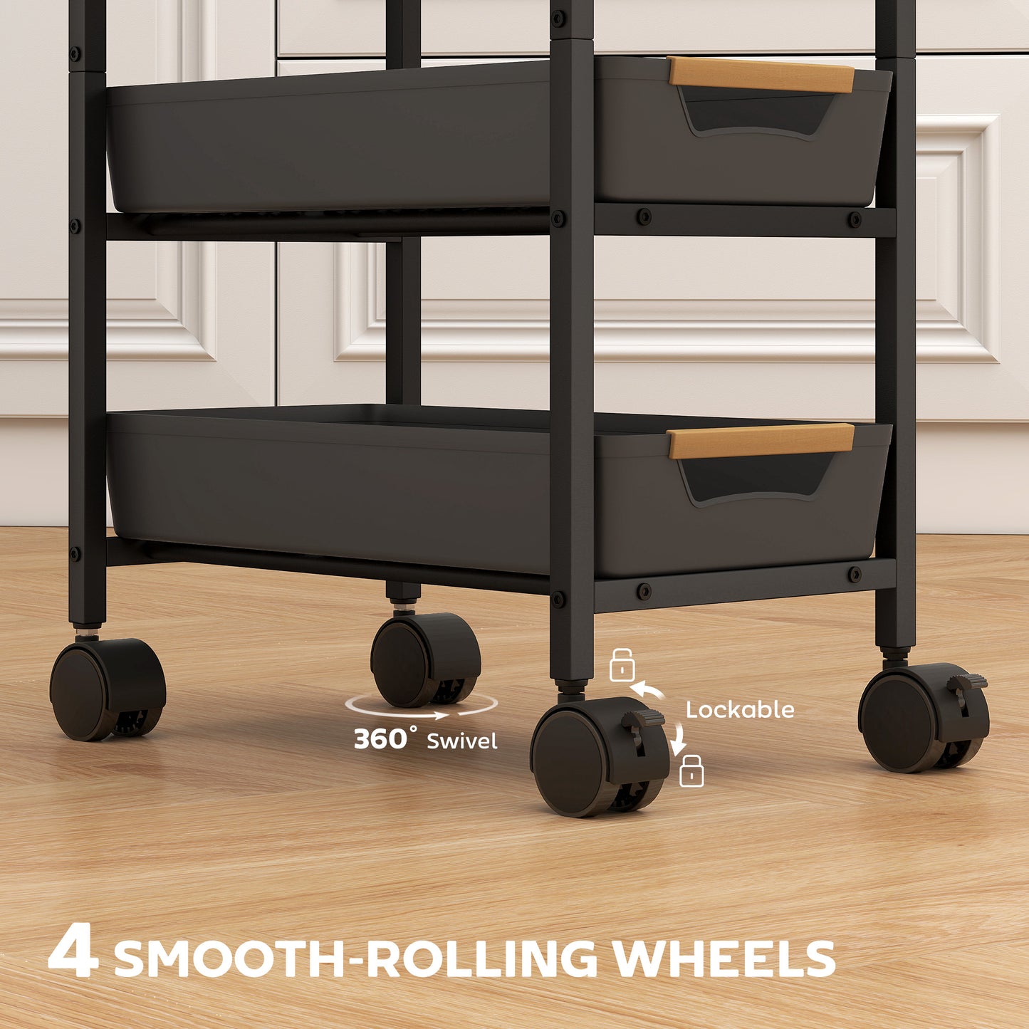 HOMCOM 5 Tier Storage Trolley On Wheels Black With Wood Effect Top Kitchen Cart For Small Spaces