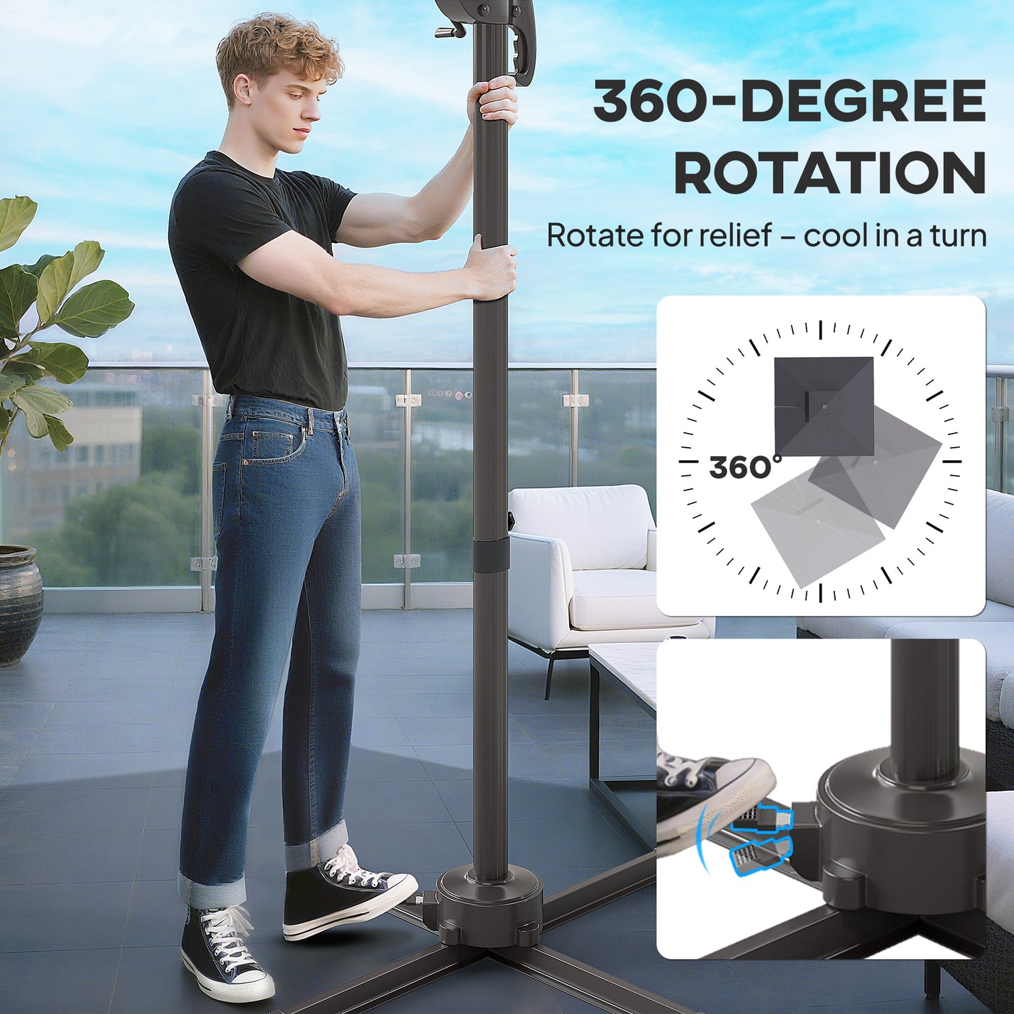 Outsunny 2.5m Cantilever Parasol With Solar LED Lights 360 Degree Rotation Tilt Adjustment Crank Handle Dark Grey