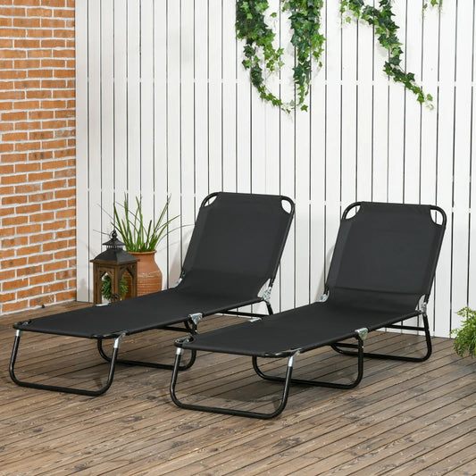 Outsunny Set of 2 Metal Frame Folding Sun Loungers - Black | Portable Outdoor Reclining Chairs